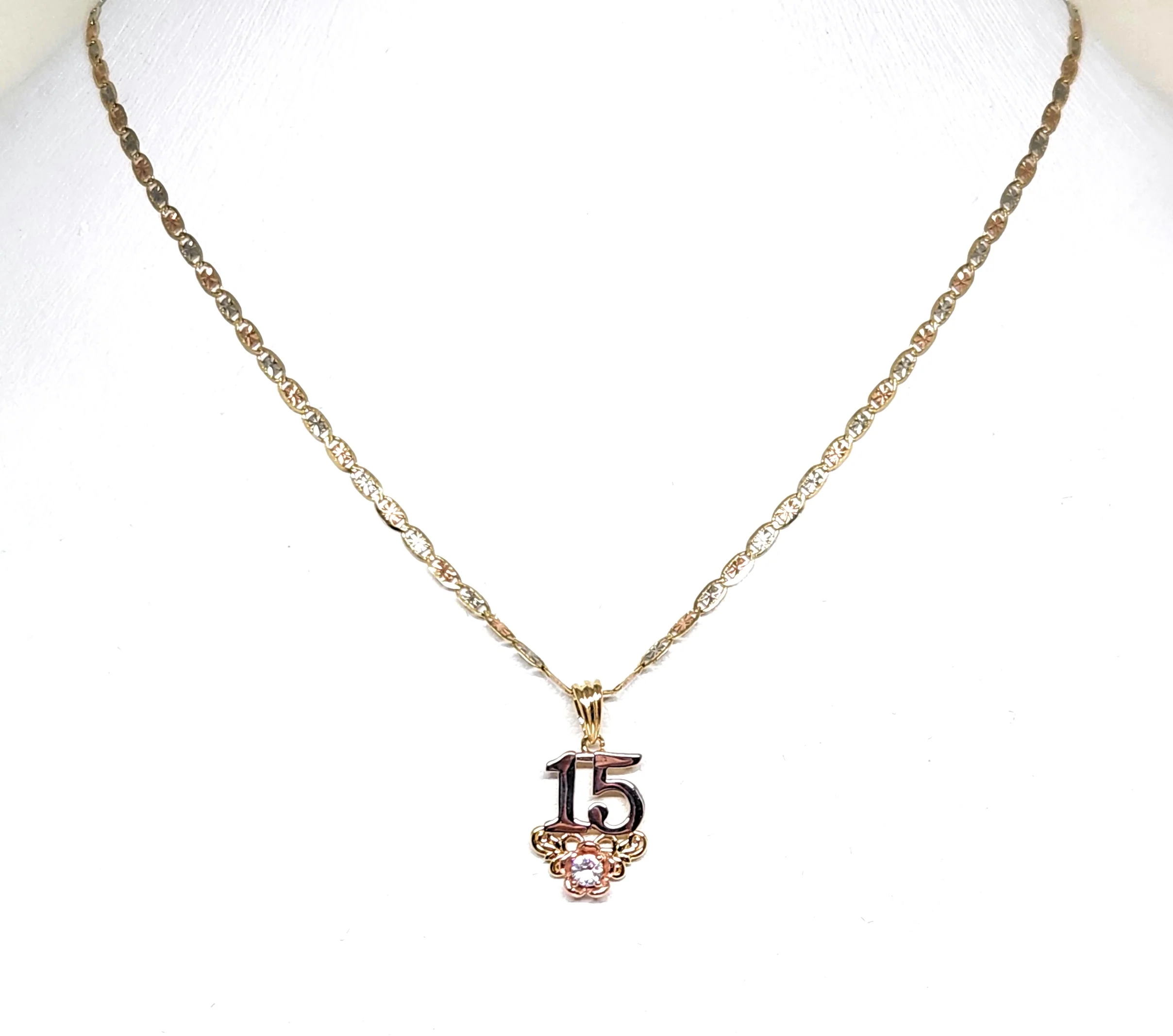 10k Solid Gold Tri-Color Mis 15 Años Flower CZ Pendant Necklace (FC) - Image 3