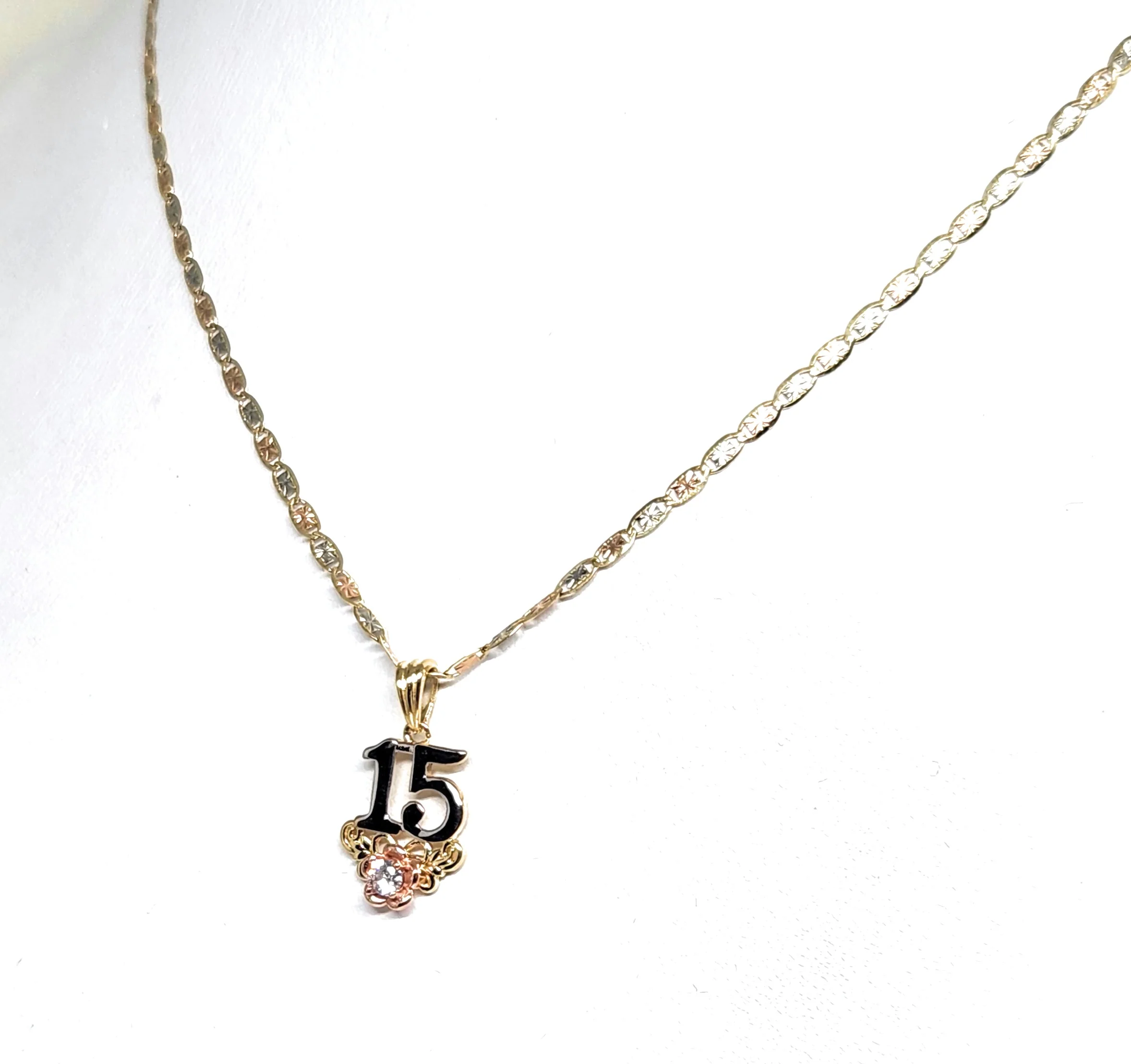 10k Solid Gold Tri-Color Mis 15 Años Flower CZ Pendant Necklace (FC) - Image 4