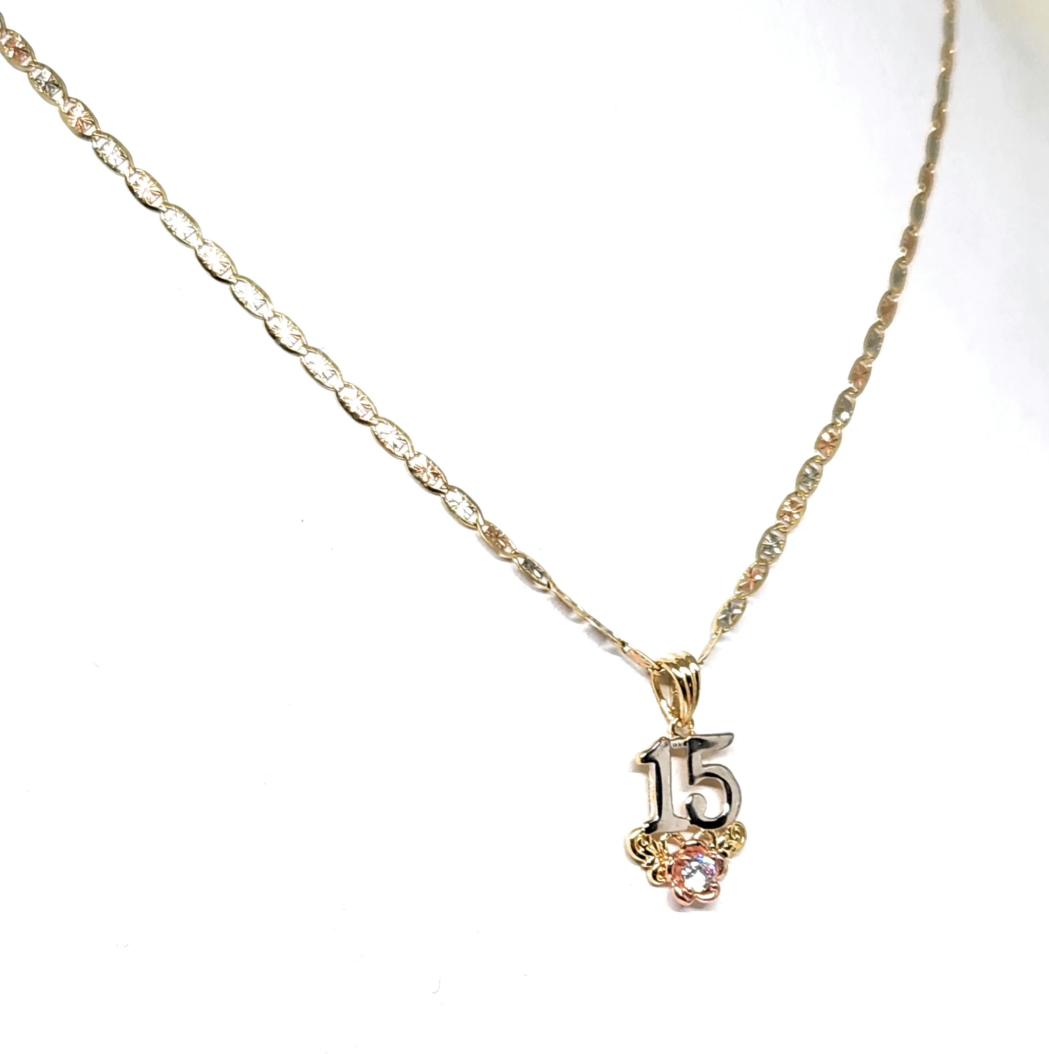10k Solid Gold Tri-Color Mis 15 Años Flower CZ Pendant Necklace (FC) - Image 5