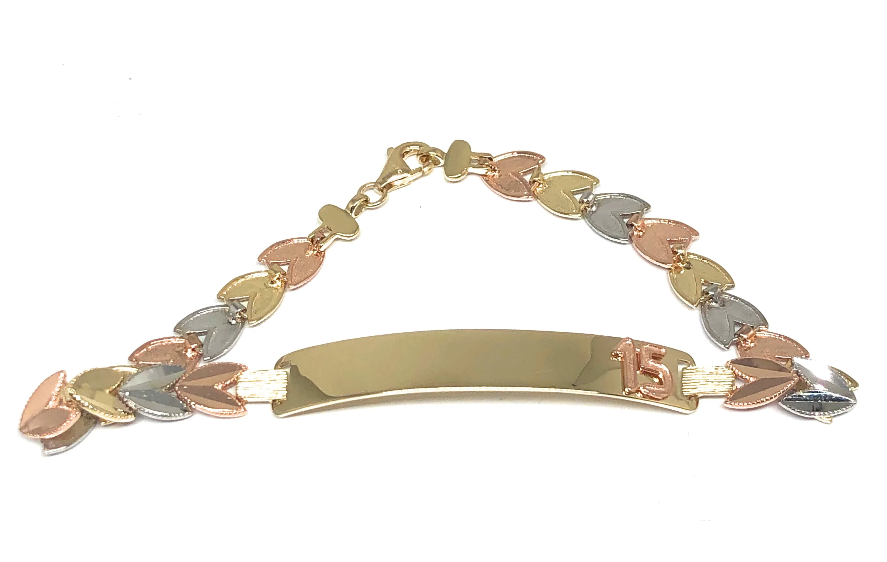 10k Solid Gold Tri-Color Quince Años ID Brracelet 7 inch (Free Engraving, Email us name!) - Image 3