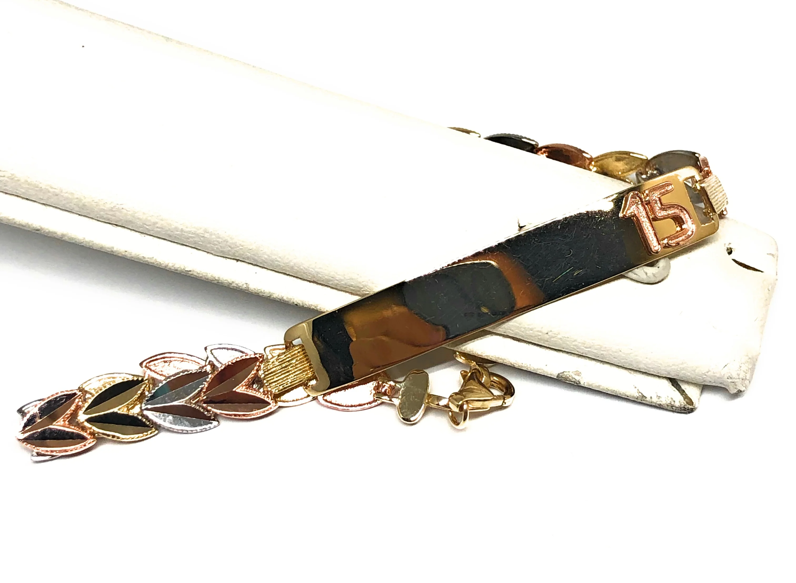 10k Solid Gold Tri-Color Quince Años ID Brracelet 7 inch (Free Engraving, Email us name!) - Image 6