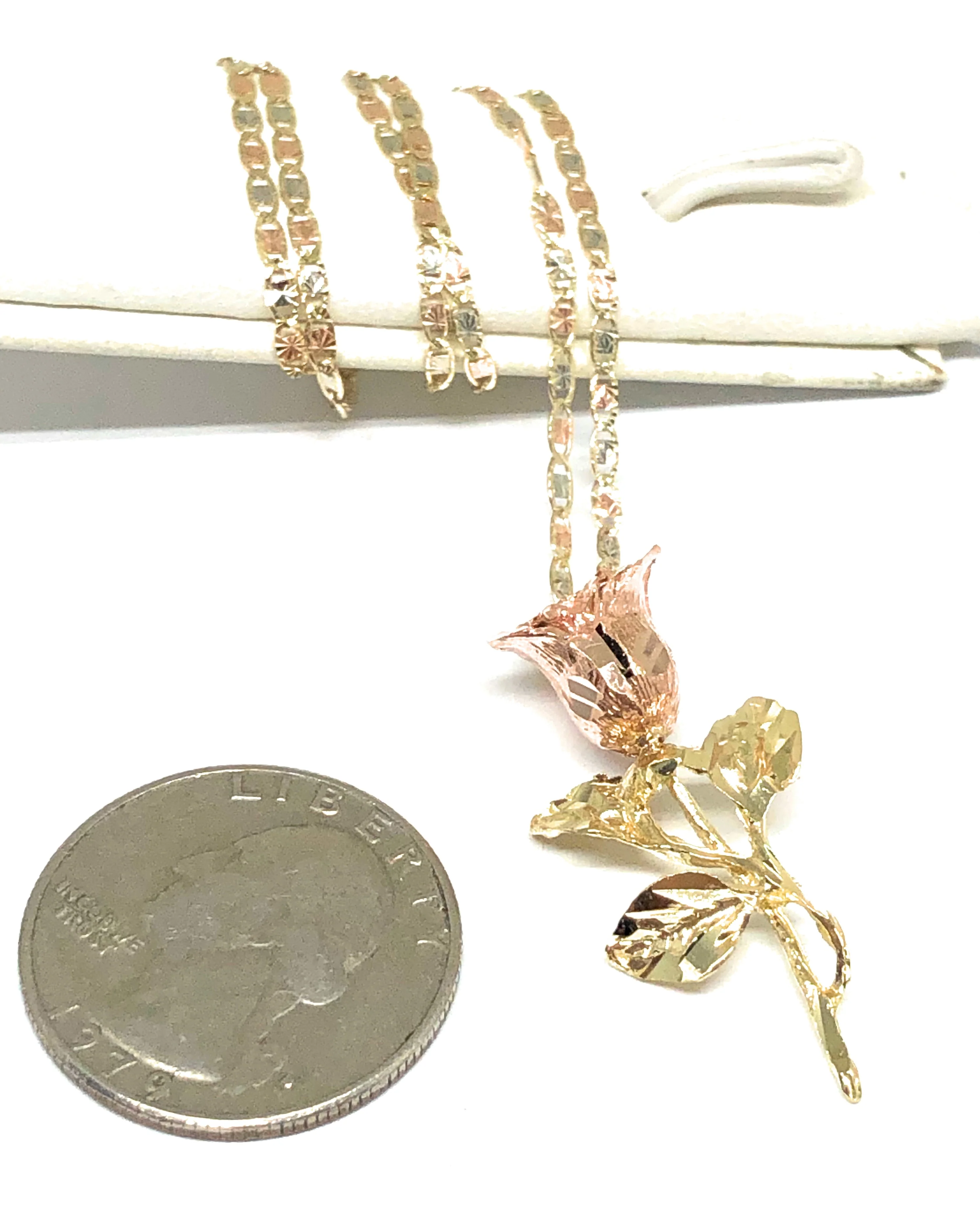10k Solid Gold Tri-Color Big Rose Flower Pendant Necklace Valentina Chain - Image 2