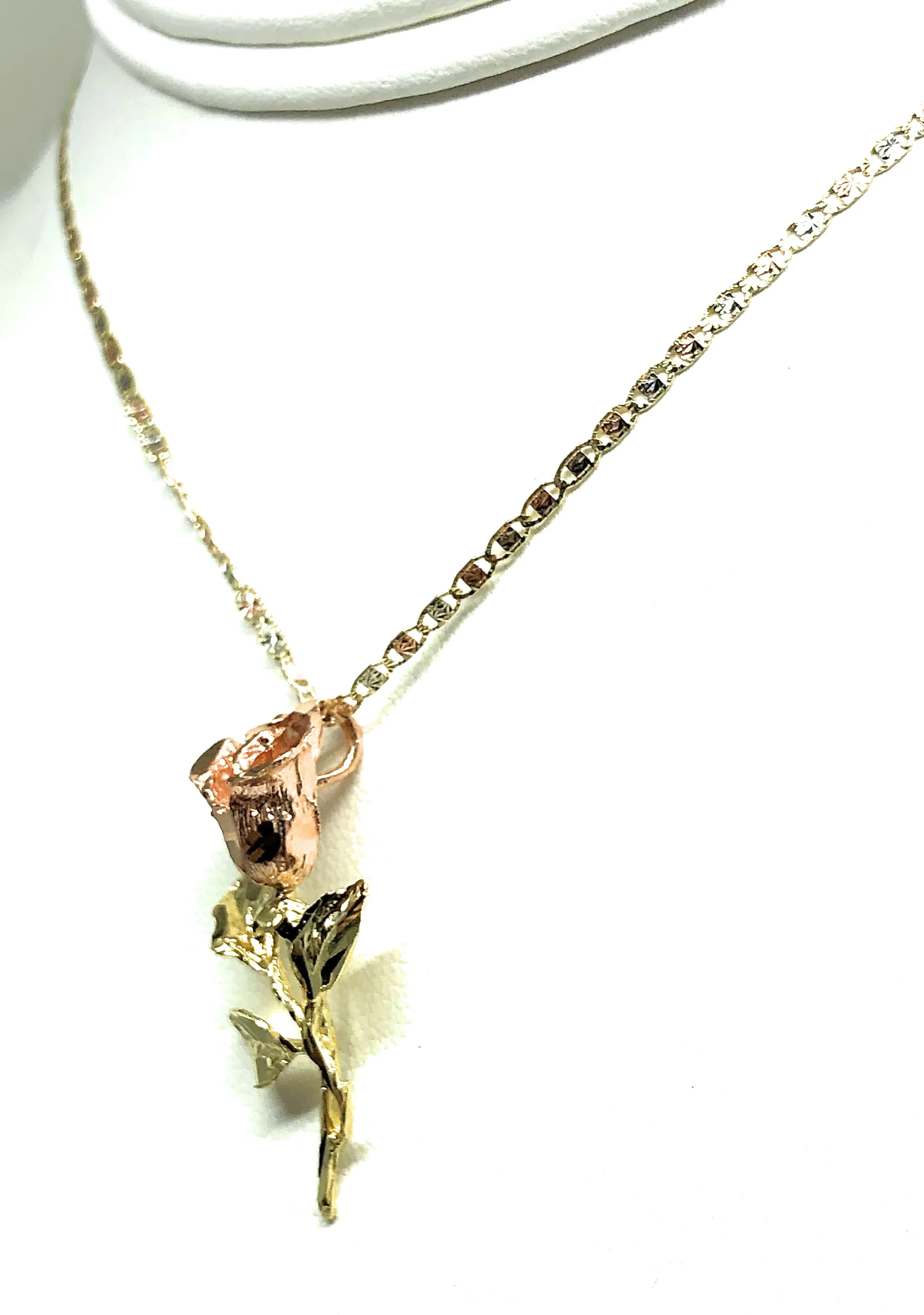 10k Solid Gold Tri-Color Big Rose Flower Pendant Necklace Valentina Chain - Image 6