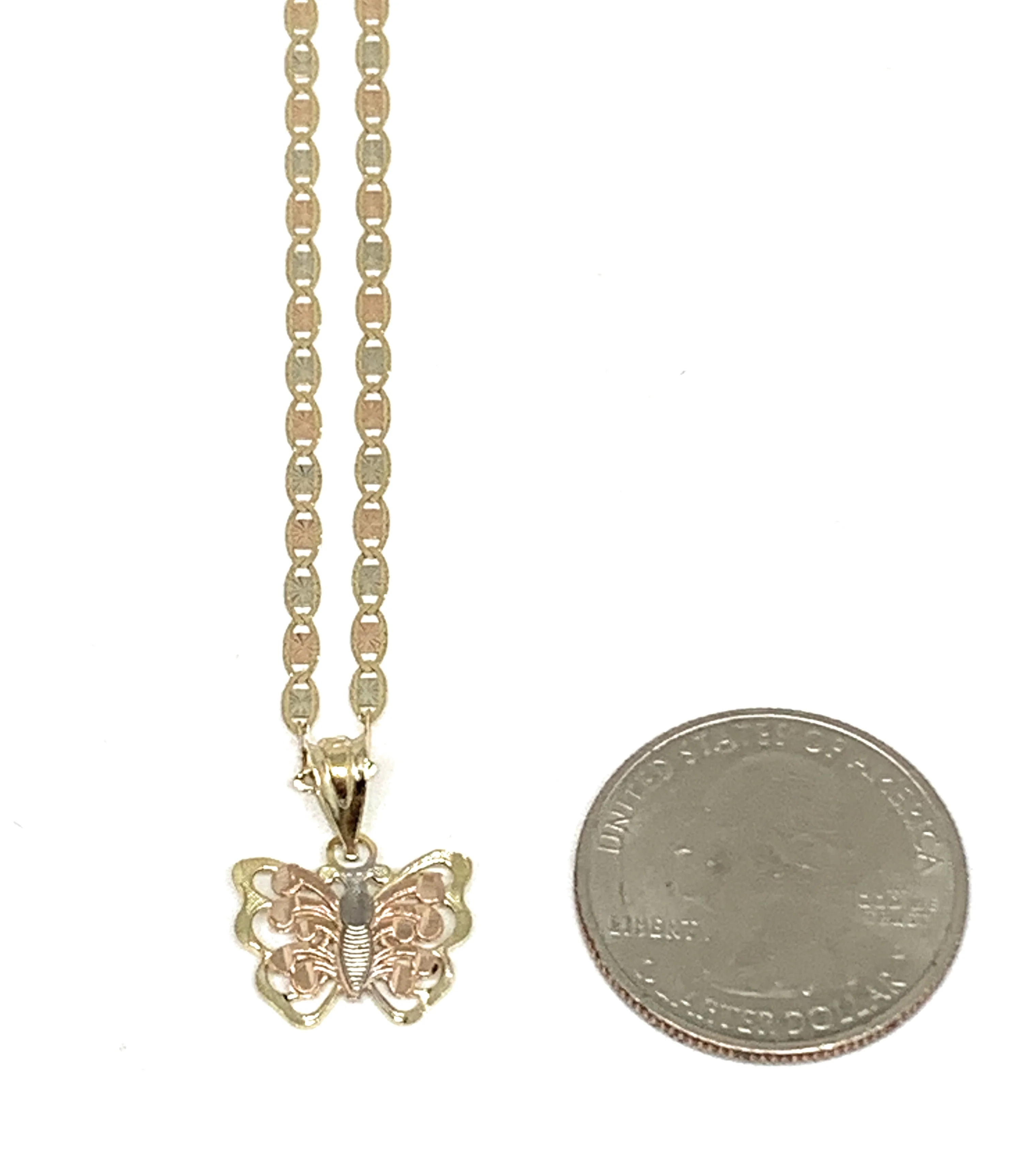10k Solid Gold Tri-Color Small Butterfly Pendant Necklace Valentina Chain - Image 2
