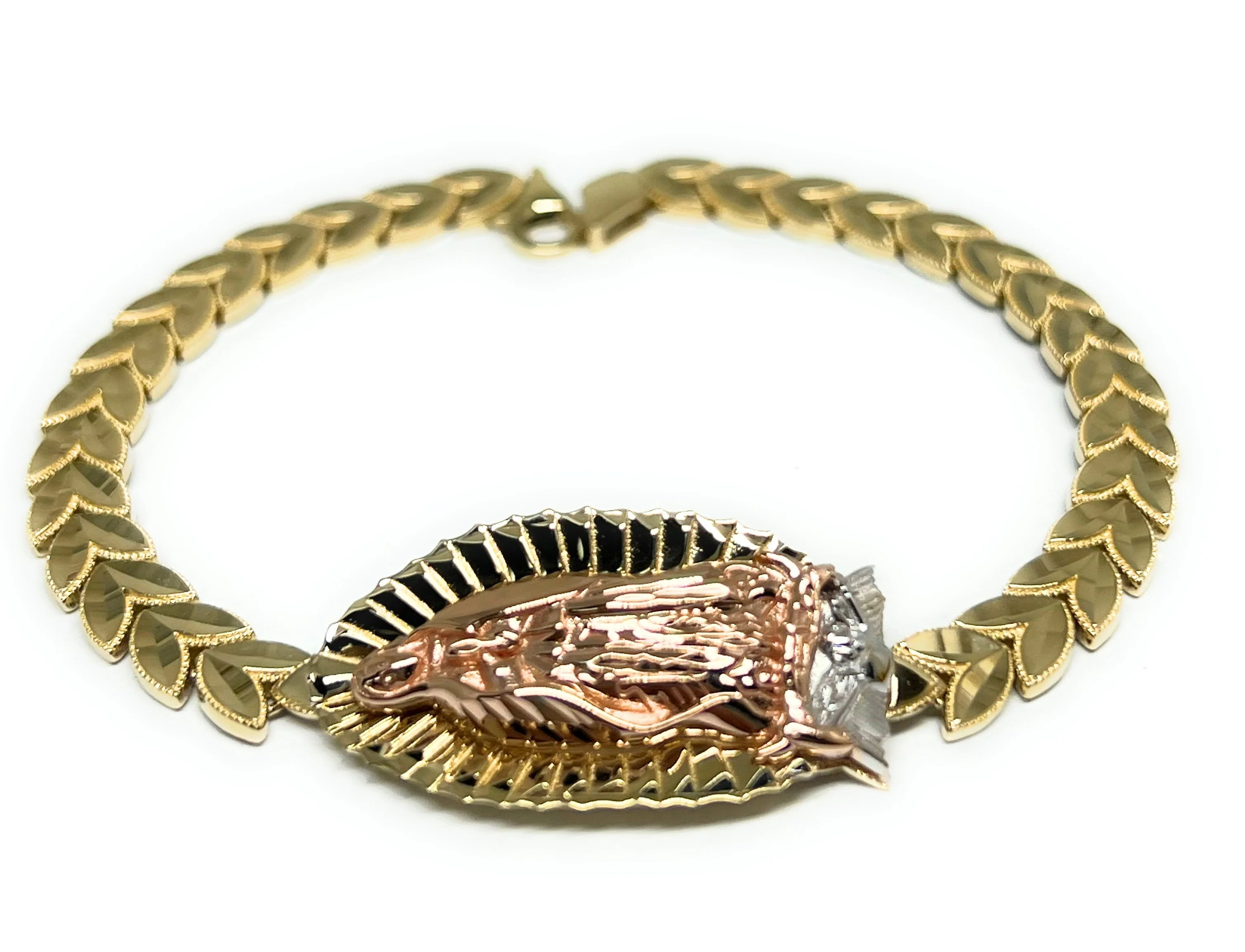 14k Solid Gold Tri-Color Virrgin Mary Brracelet 7.5 Virrgen Guadalupe (11g)