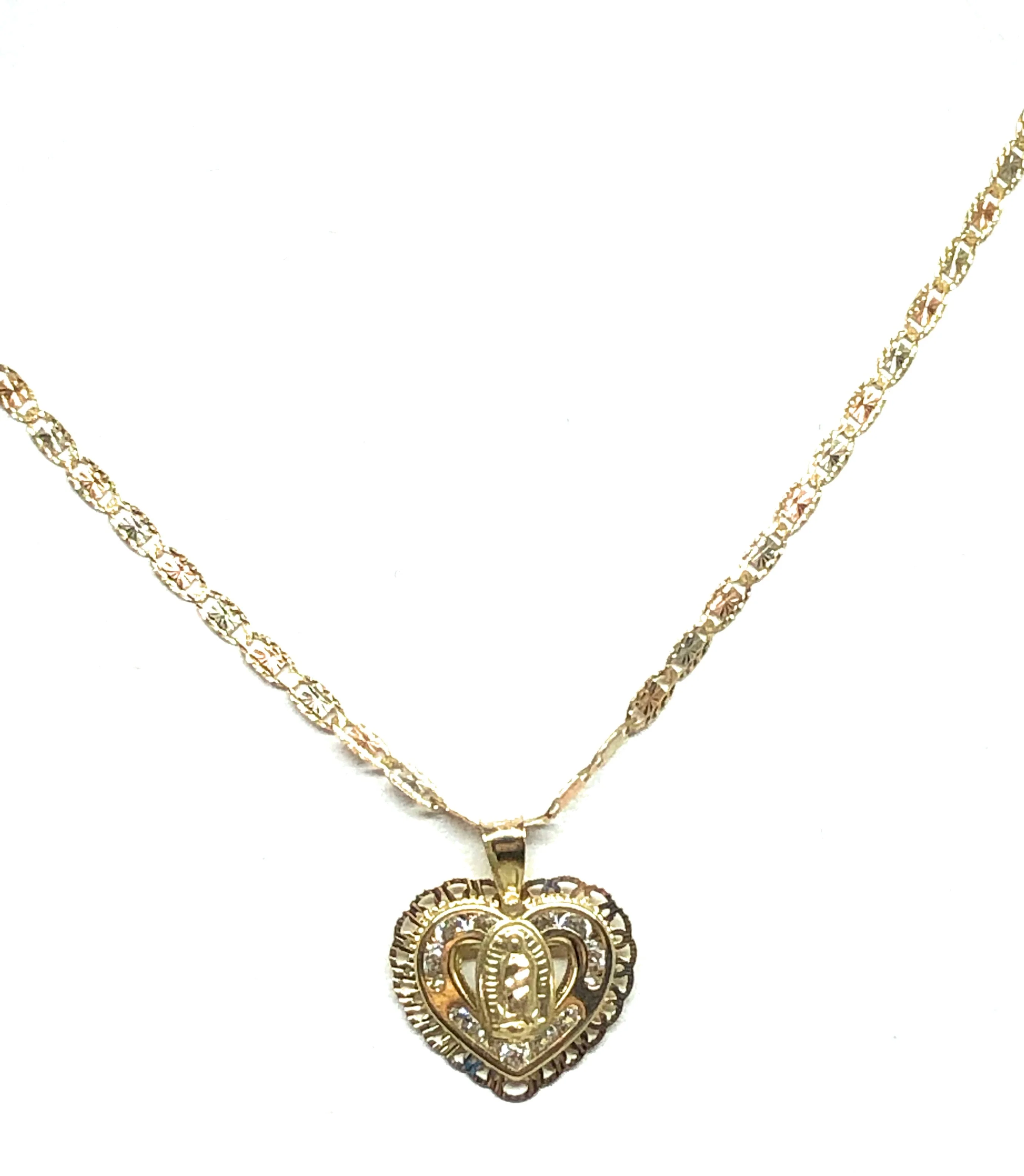 10k Solid Gold Tri-Color Virrgin Mary CZ Heart Pendant Necklace Virrgen Gaudalupe - Image 4