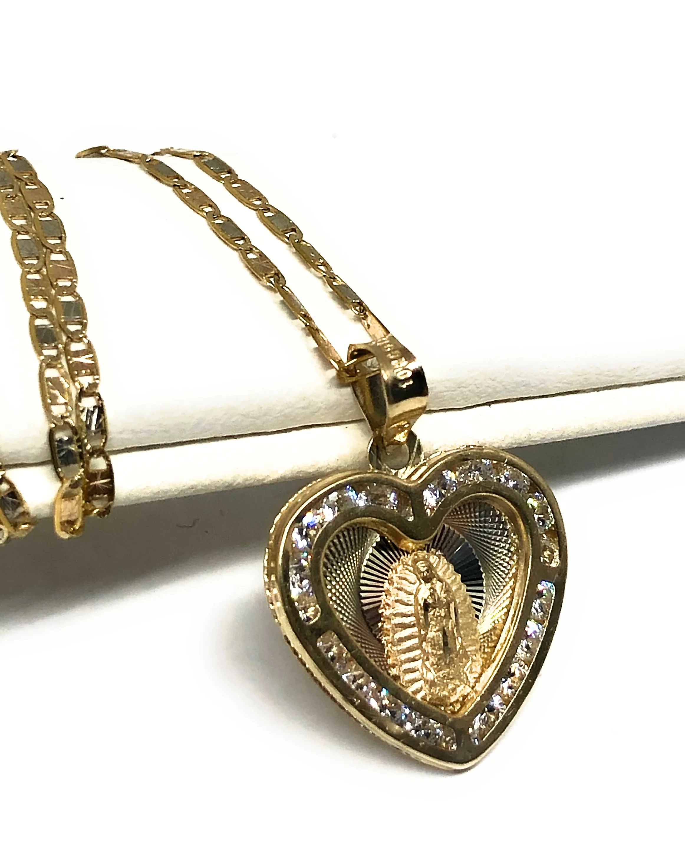 10k Solid Gold Tri-Color Virrgin Mary CZ Heart Pendant Necklace Virrgen Gaudalupe - Image 3