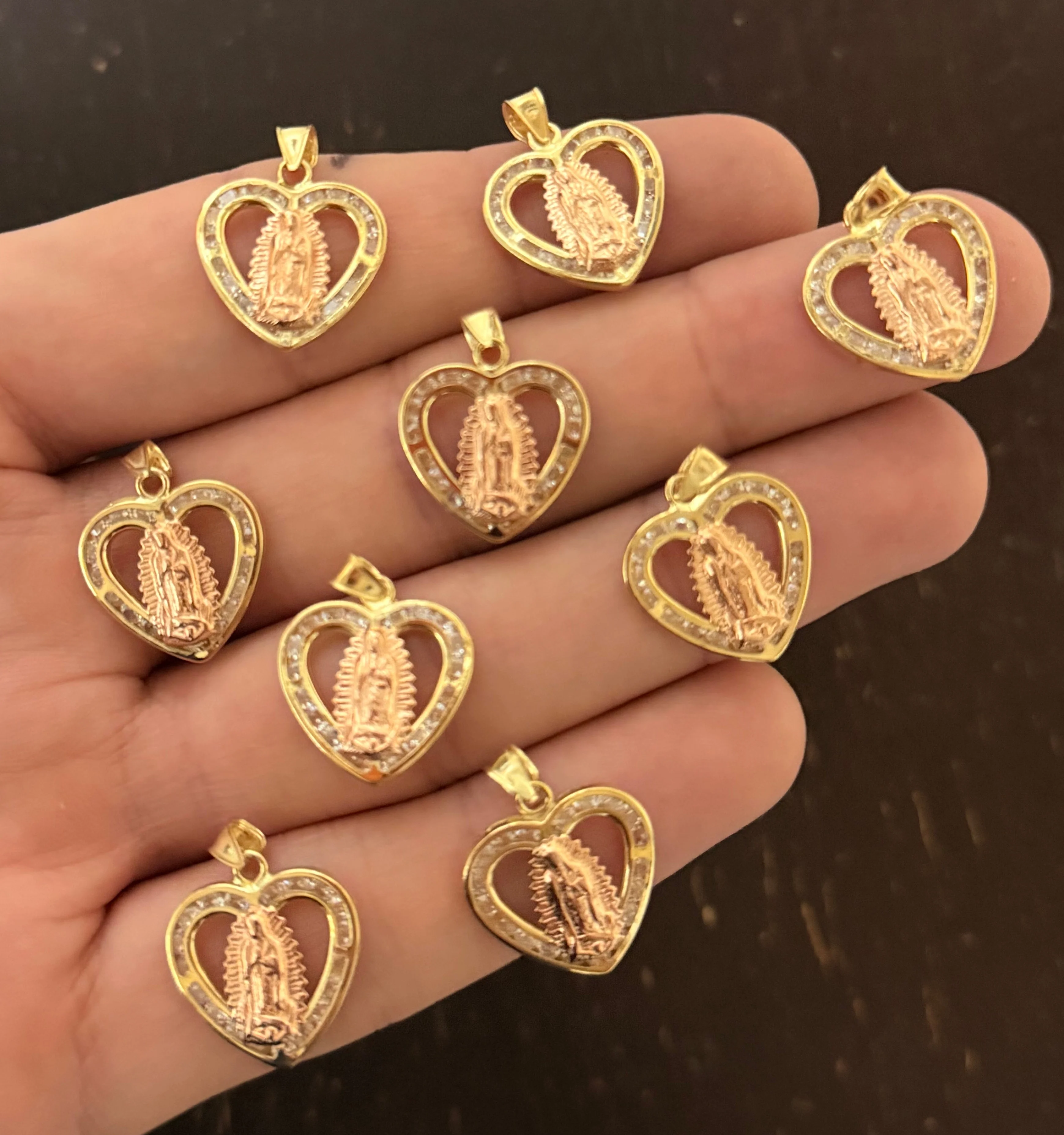 10k Solid Gold Tri-Color Virrgin Mary CZ Heart Pendant Necklace Virrgen Gaudalupe - Image 8