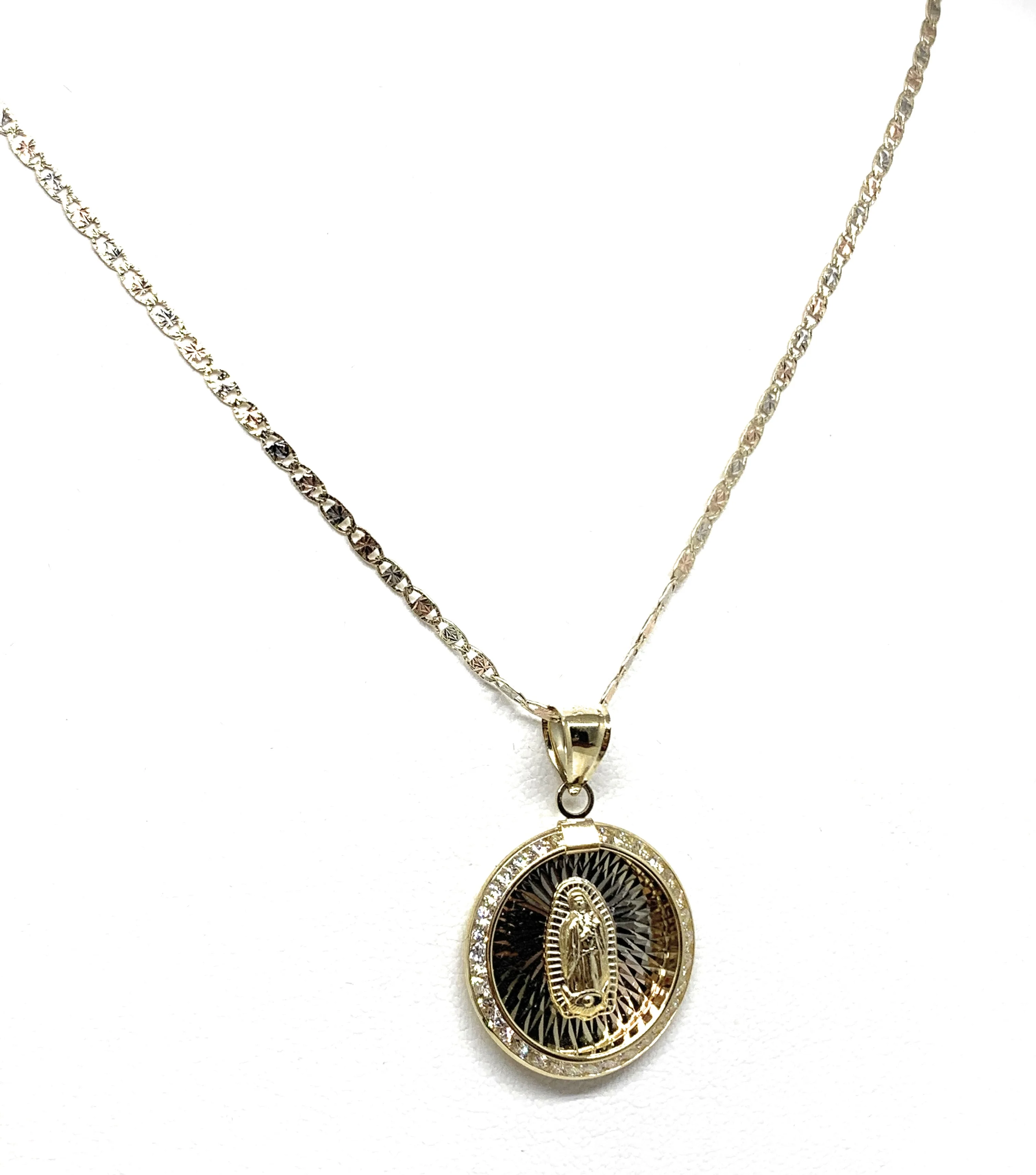 10k Solid Gold Tri-Color Virrgin Mary CZ Round Pendant Necklace Virrgen Gaudalupe (MED) - Image 4