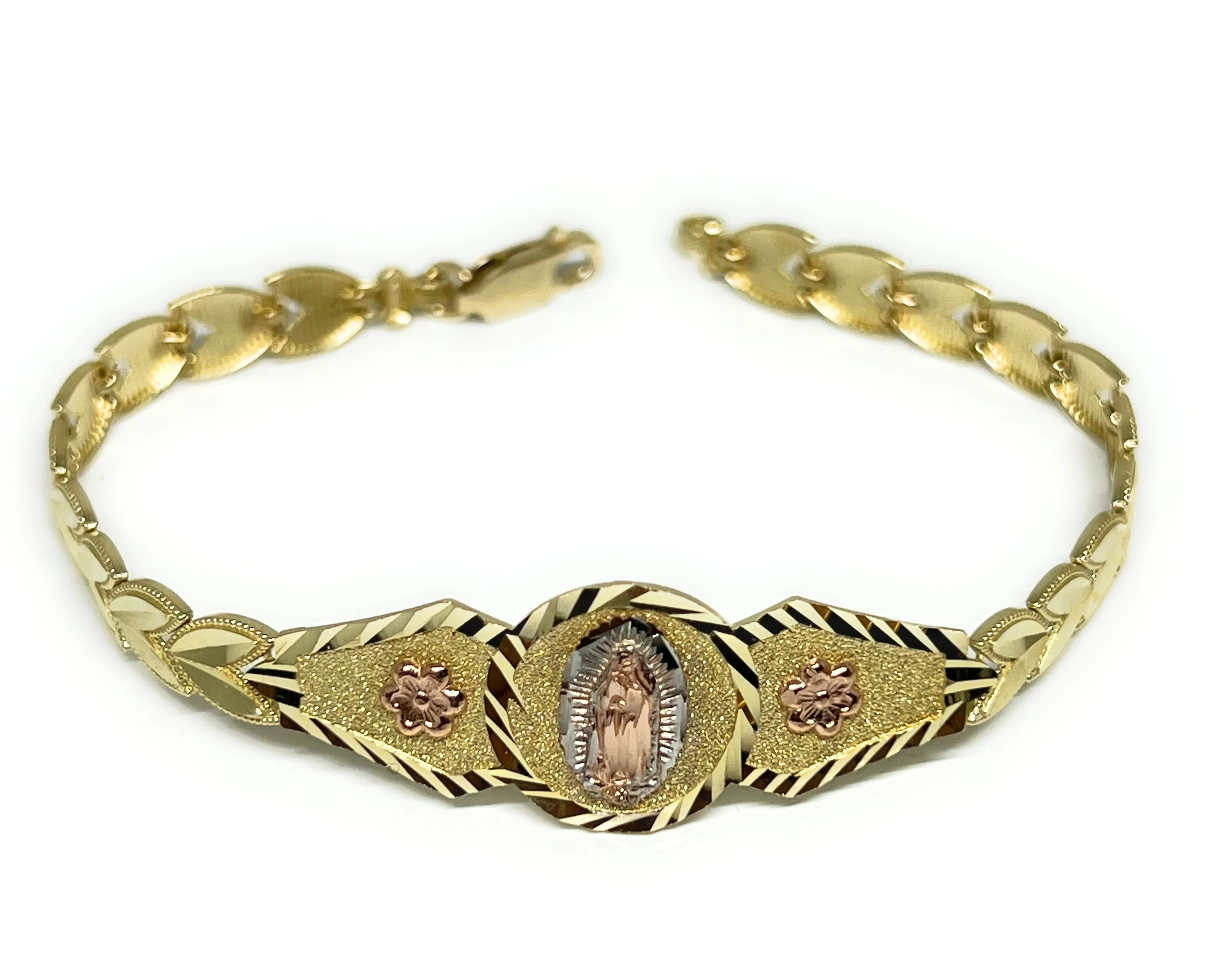 10k Solid Gold Tri-Color Virrgin Mary Flower Brracelet 7.2 inch Virrgen Guadalupe - Image 6