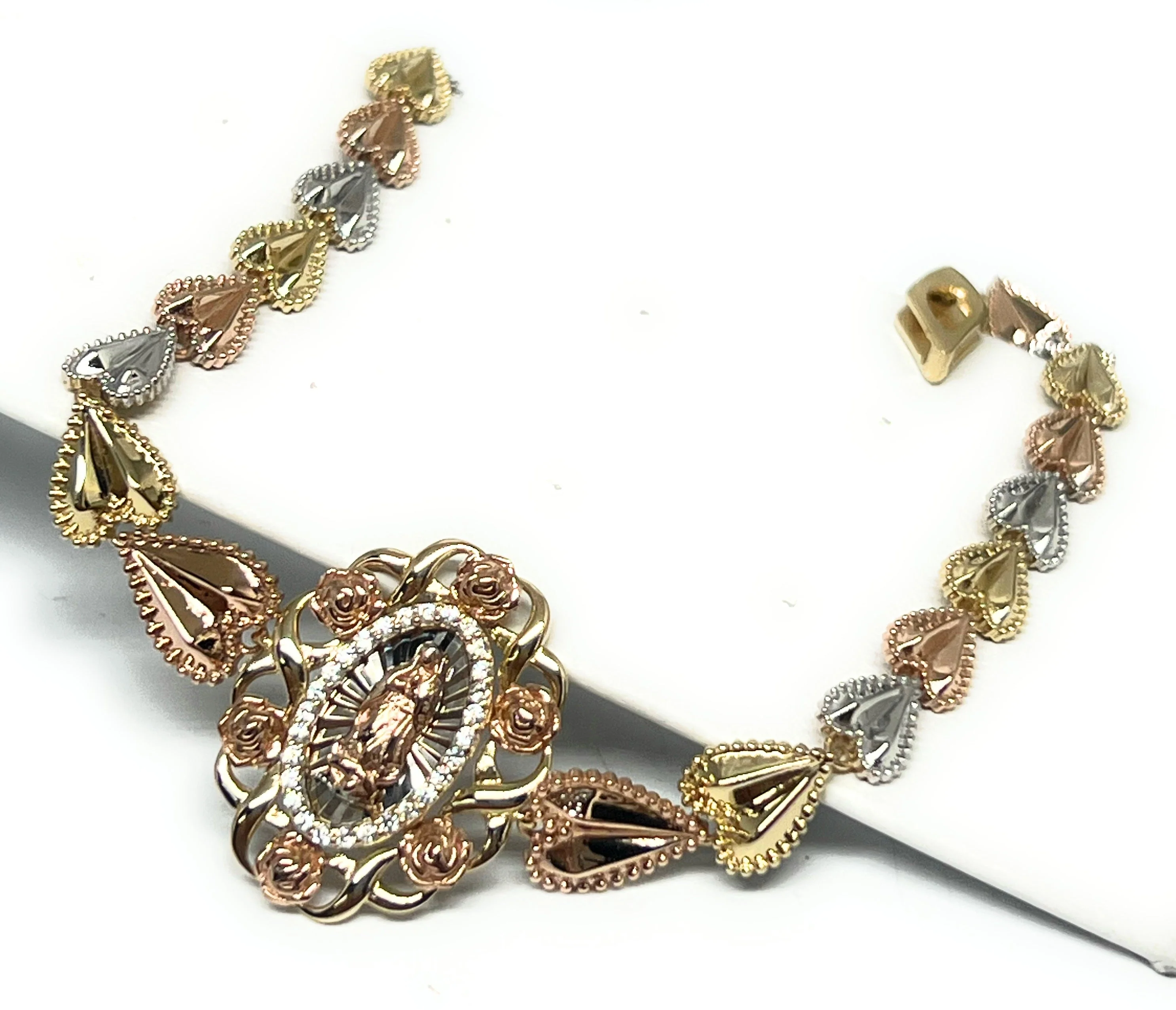 10k Solid Gold Tri-Color Virrgin Mary FLOWER Brracelet 7.5-8 inch Virrgen Guadalupe (FC) - Image 3