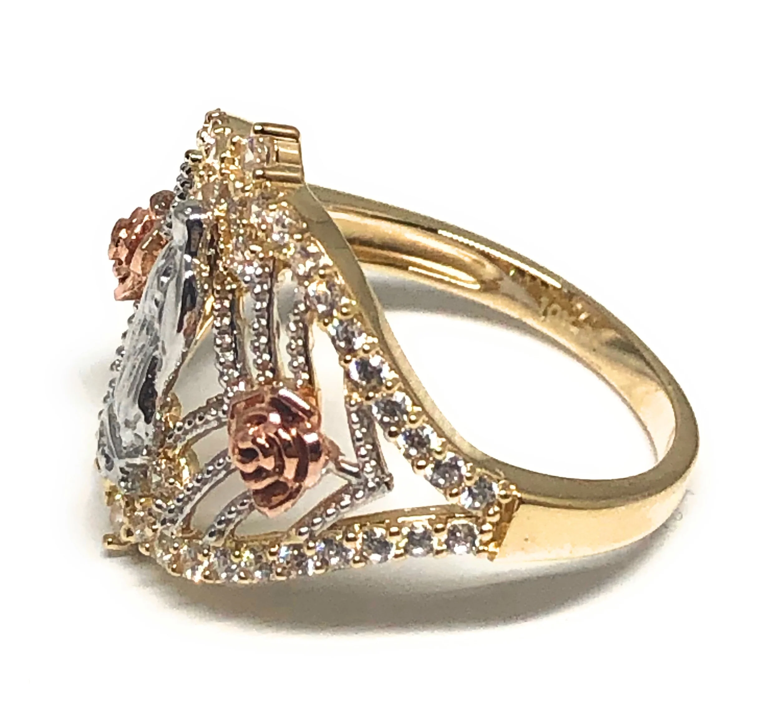 10k Solid Gold Tri-Color Virrgin Mary Flower CZ Ring (FC 25) - Image 2