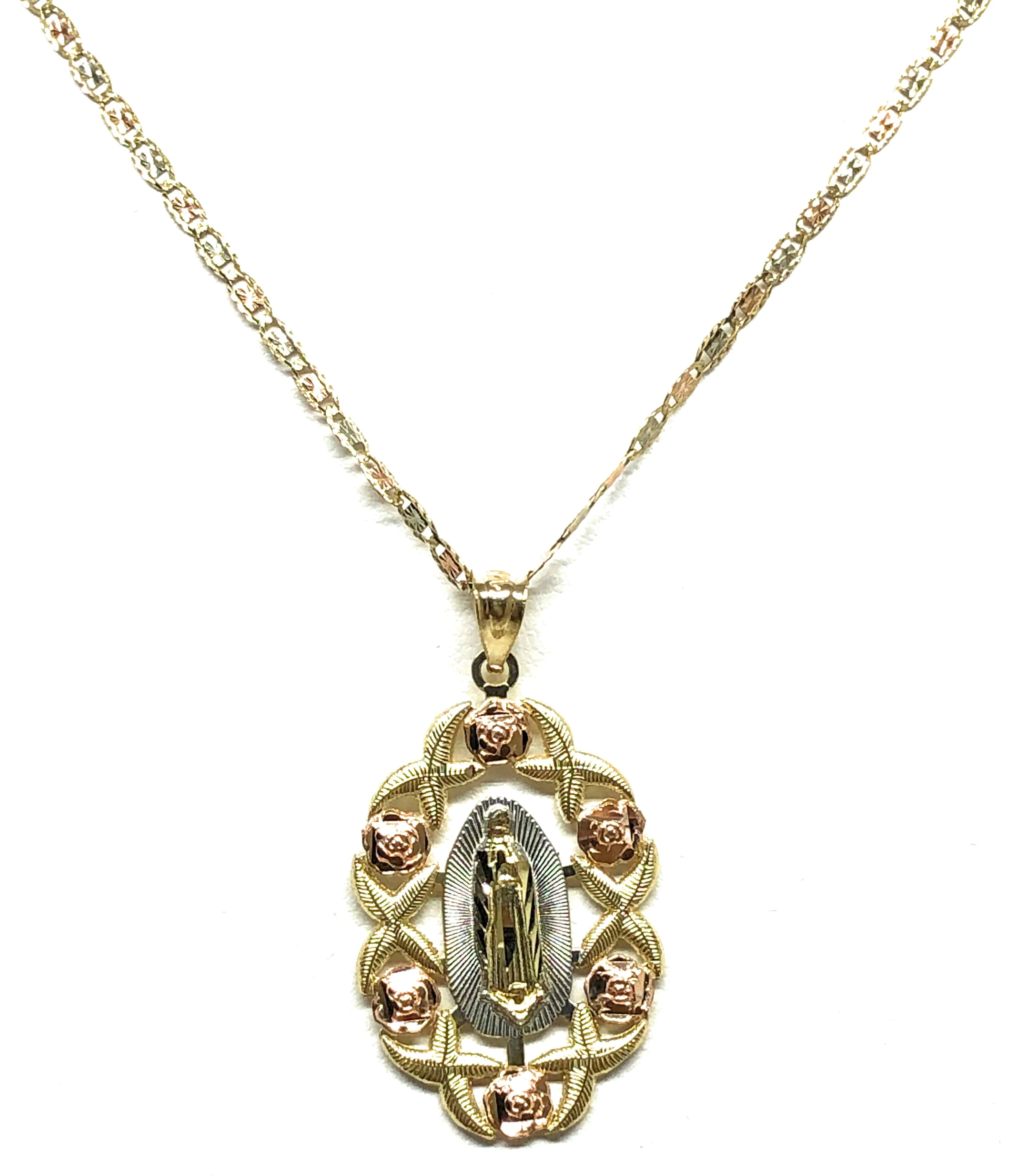 14k Solid Gold Tri-Color Virrgin Mary Flower Pendant Necklace Virrgen Gaudalupe Valentina Chain (MED,LG) - Image 4