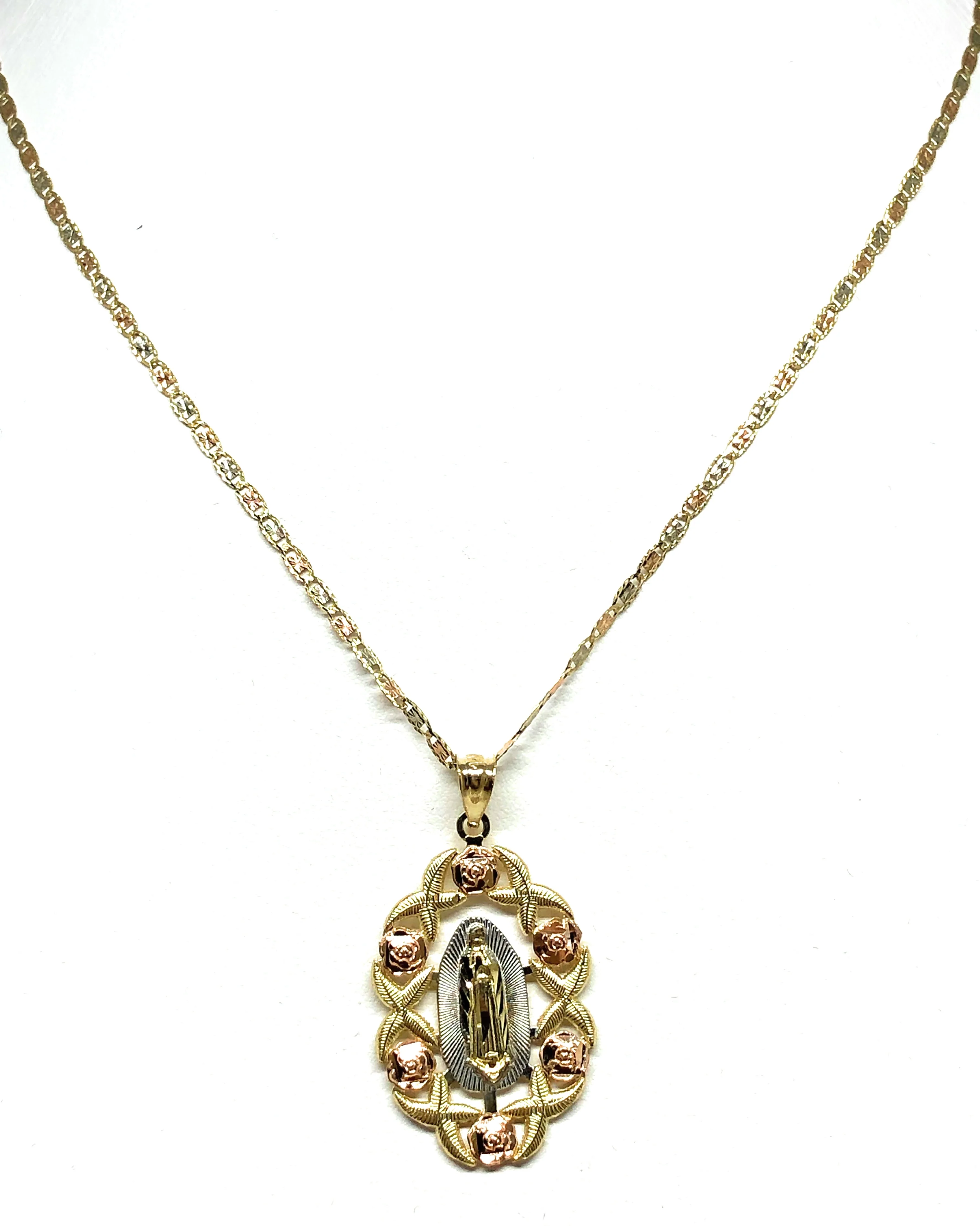 14k Solid Gold Tri-Color Virrgin Mary Flower Pendant Necklace Virrgen Gaudalupe Valentina Chain (MED,LG) - Image 5