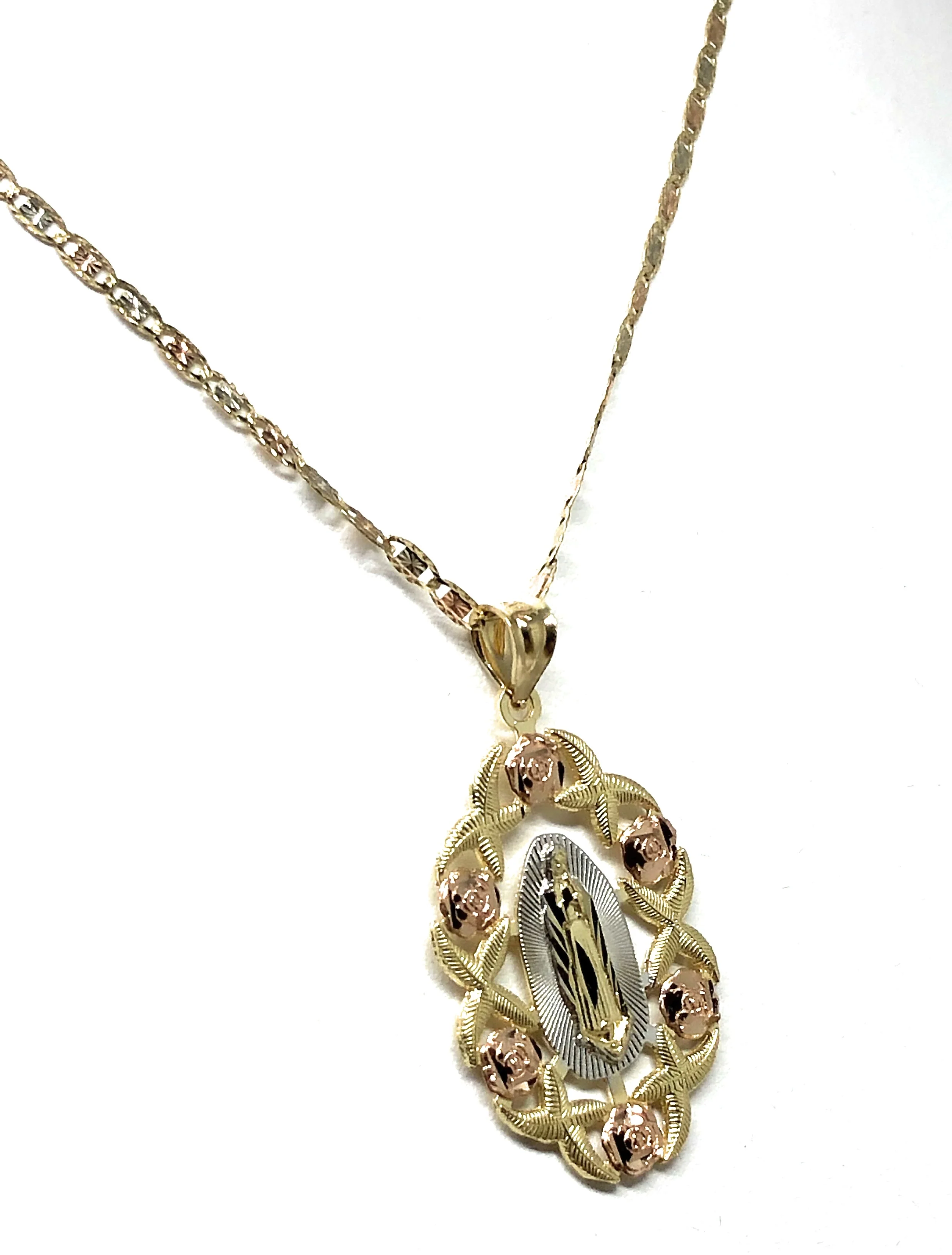 14k Solid Gold Tri-Color Virrgin Mary Flower Pendant Necklace Virrgen Gaudalupe Valentina Chain (MED,LG) - Image 6