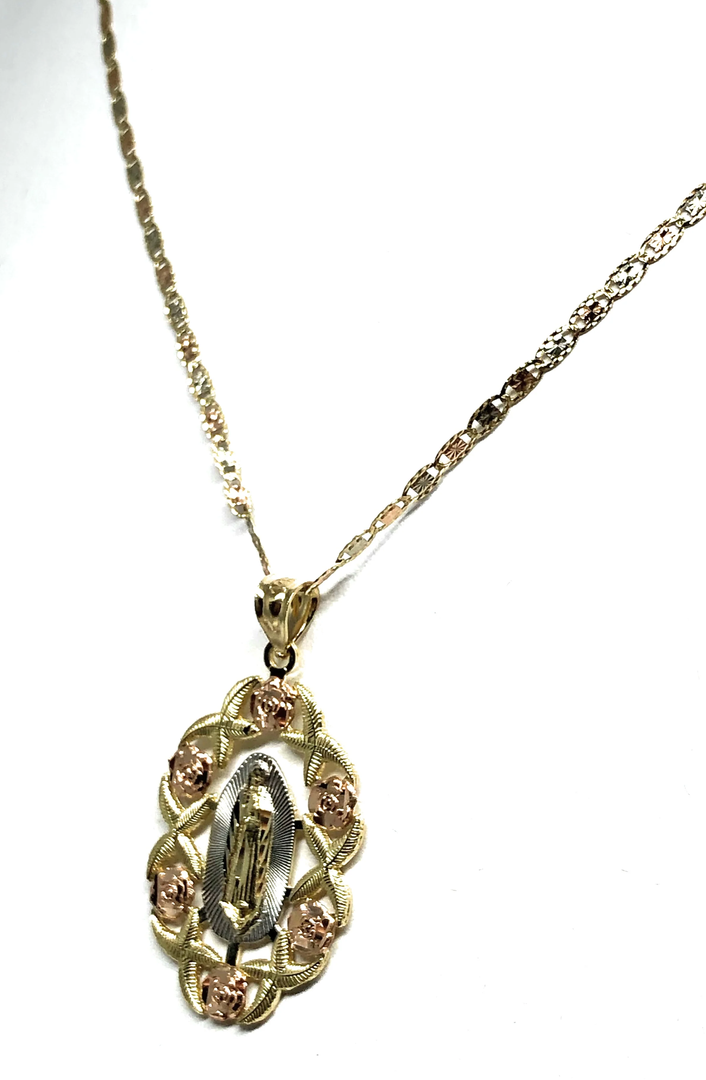 14k Solid Gold Tri-Color Virrgin Mary Flower Pendant Necklace Virrgen Gaudalupe Valentina Chain (MED,LG) - Image 7