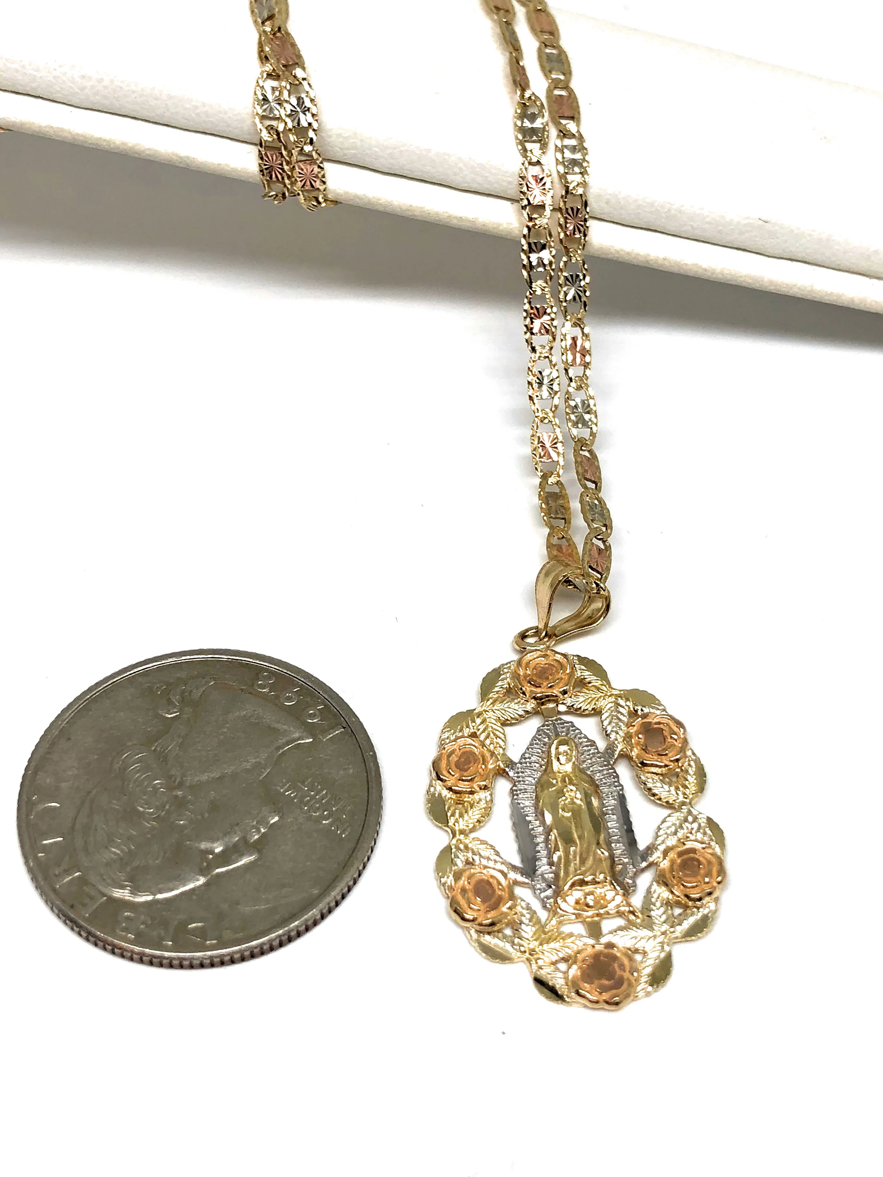 10k Solid Gold Tri-Color Virrgin Mary Flower Pendant Necklace Virrgen Gaudalupe Valentina Chain (MED) - Image 3