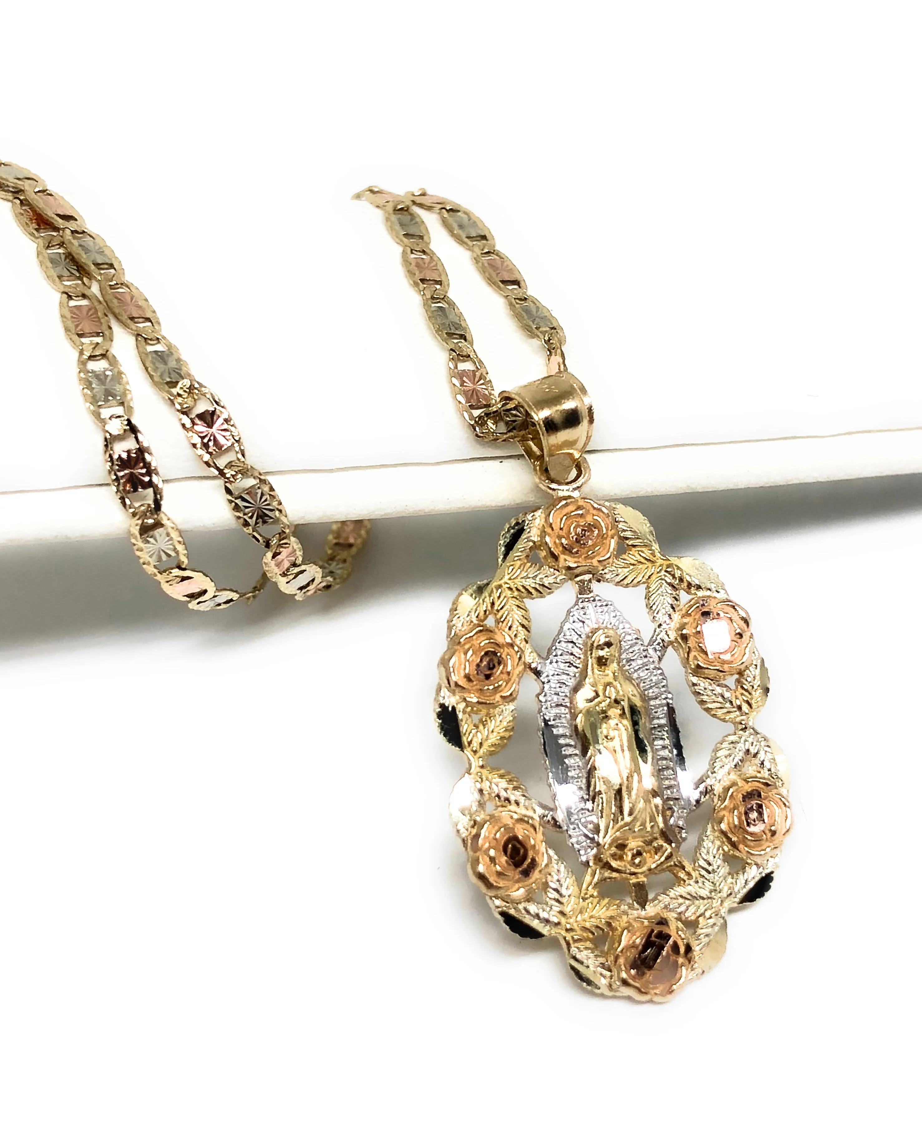 10k Solid Gold Tri-Color Virrgin Mary Flower Pendant Necklace Virrgen Gaudalupe Valentina Chain (MED) - Image 4