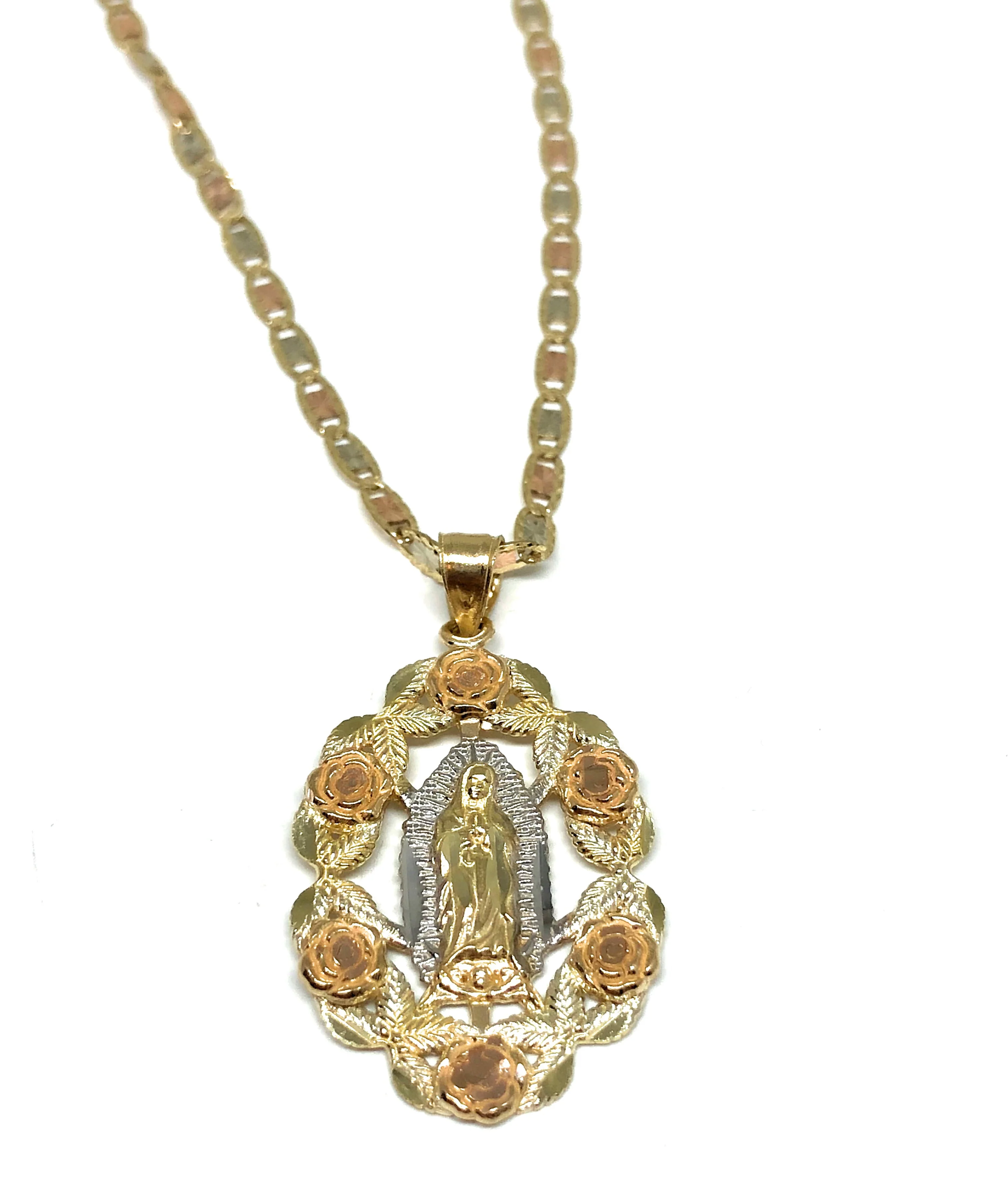 10k Solid Gold Tri-Color Virrgin Mary Flower Pendant Necklace Virrgen Gaudalupe Valentina Chain (MED) - Image 5