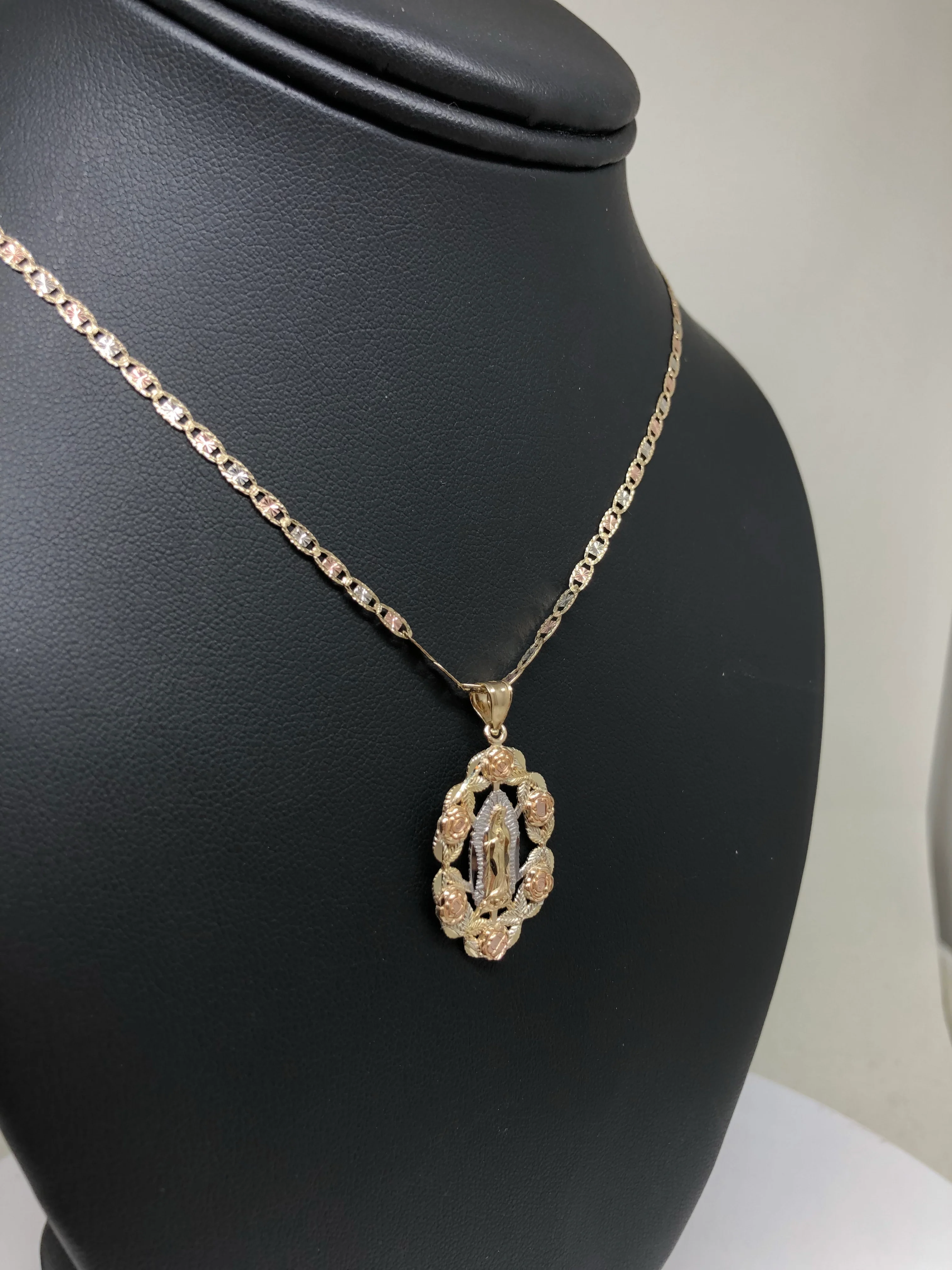 10k Solid Gold Tri-Color Virrgin Mary Flower Pendant Necklace Virrgen Gaudalupe Valentina Chain (MED) - Image 7
