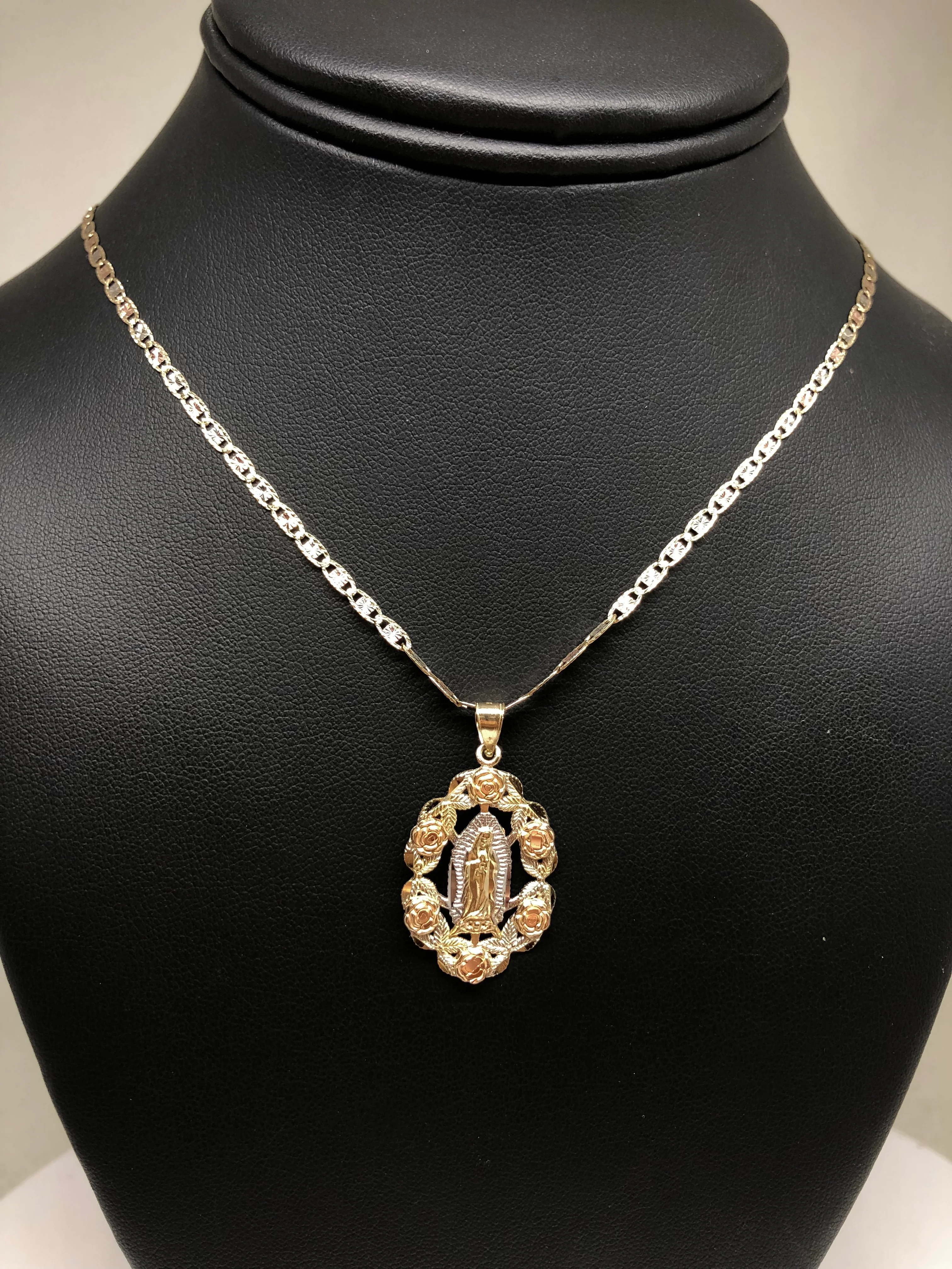 10k Solid Gold Tri-Color Virrgin Mary Flower Pendant Necklace Virrgen Gaudalupe Valentina Chain (MED) - Image 9