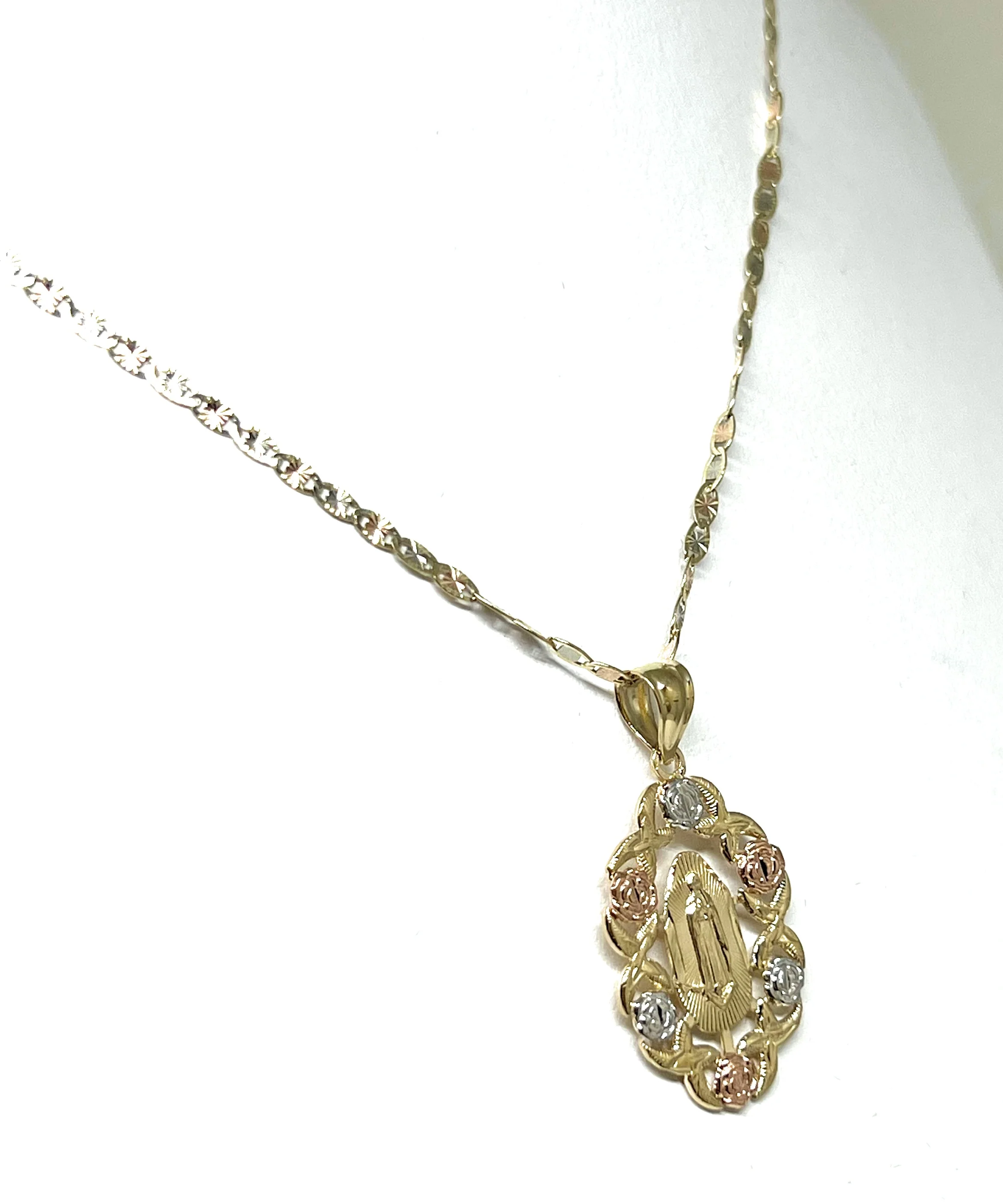 10k Solid Gold Tri-Color Virrgin Mary Flower Pendant Necklace Virrgen Gaudalupe Valentina Chain (FC) - Image 4