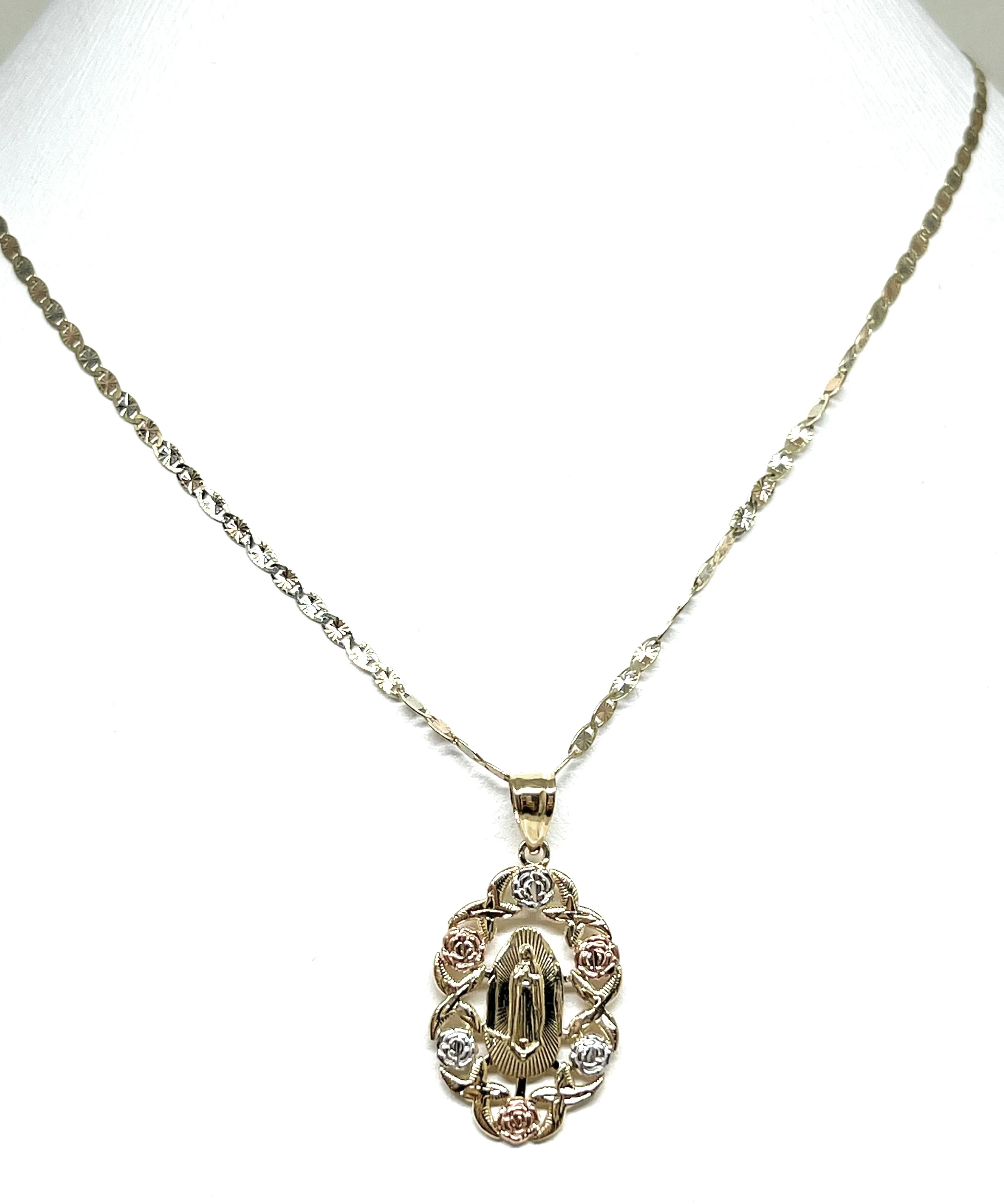 10k Solid Gold Tri-Color Virrgin Mary Flower Pendant Necklace Virrgen Gaudalupe Valentina Chain (FC) - Image 5