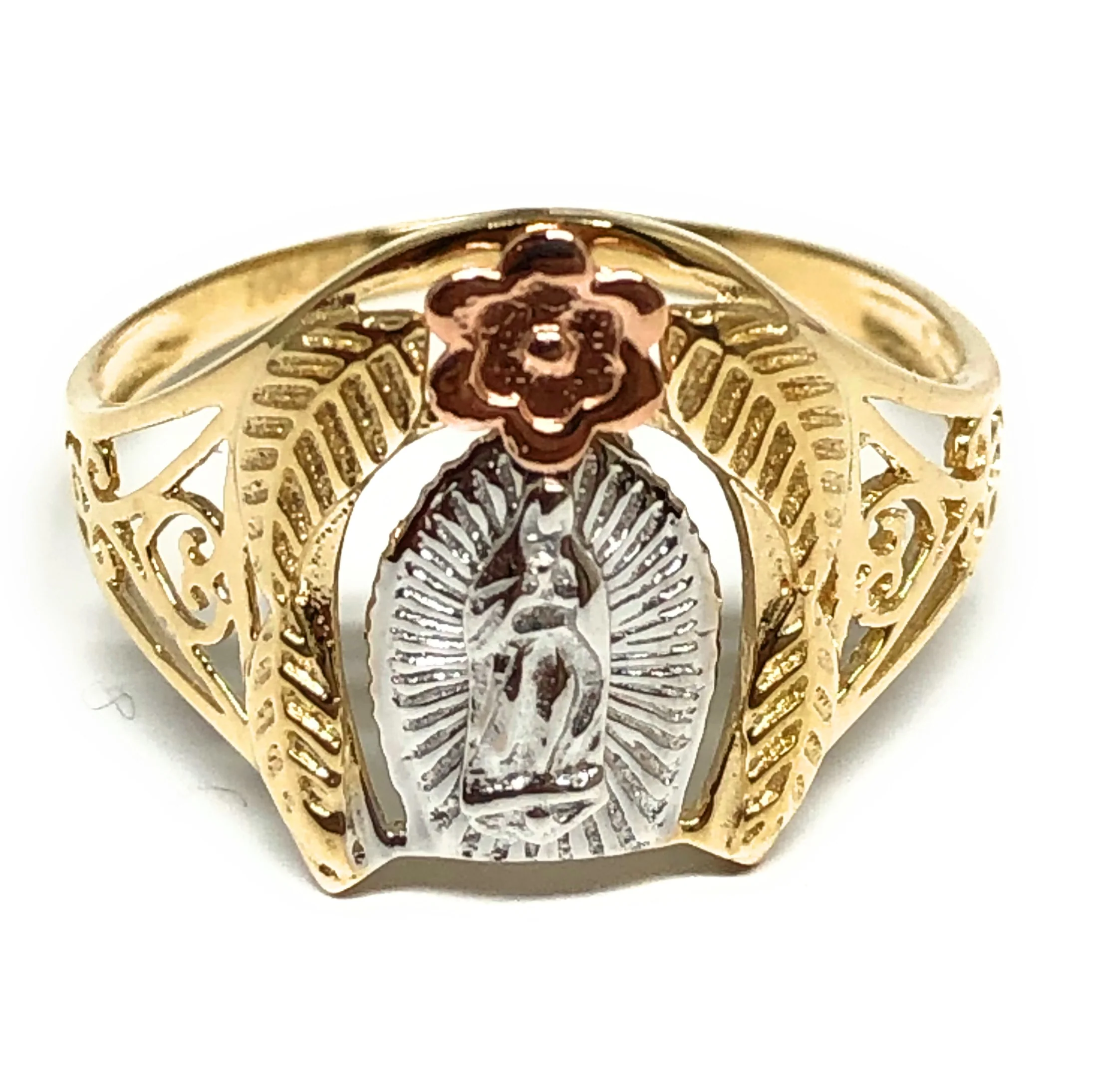 10k Solid Gold Tri-Color Virrgin Mary Flower Ring (FC 06)