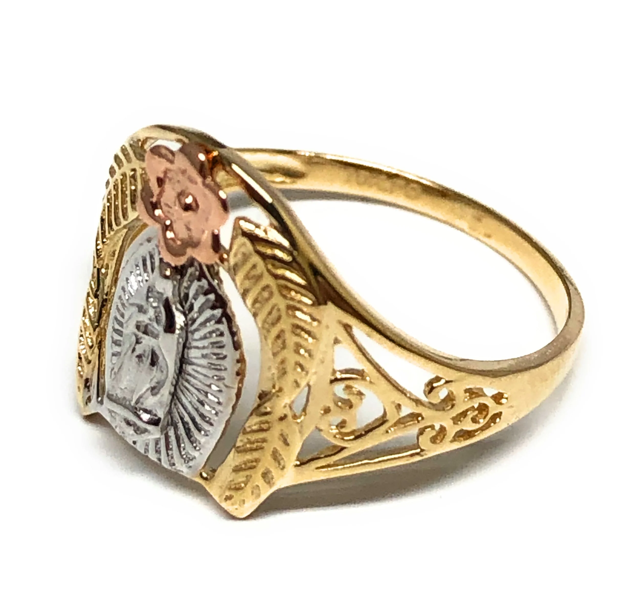 10k Solid Gold Tri-Color Virrgin Mary Flower Ring (FC 06) - Image 2