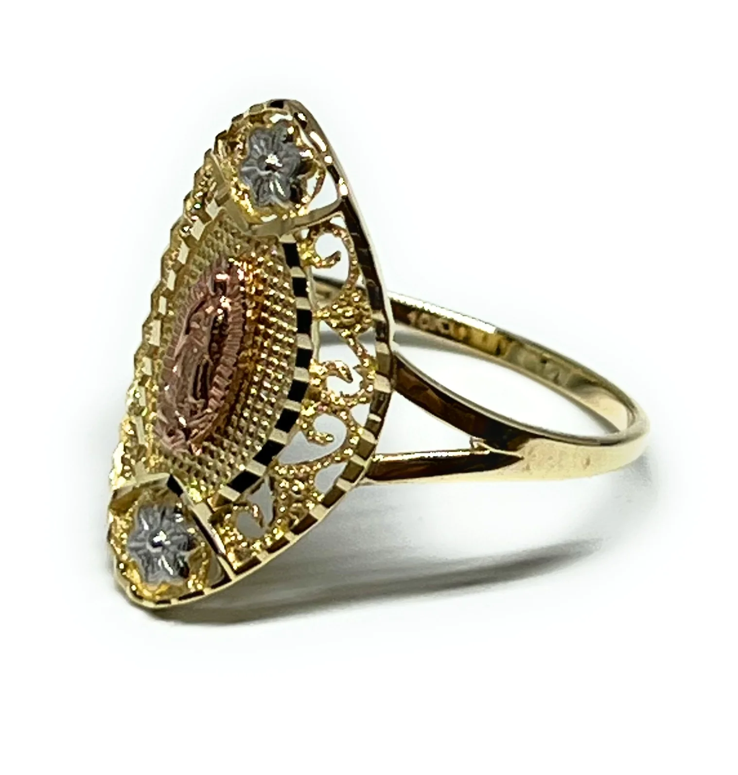 10k Solid Gold Tri-Color Virrgin Mary Flower Ring (FC 247) - Image 2