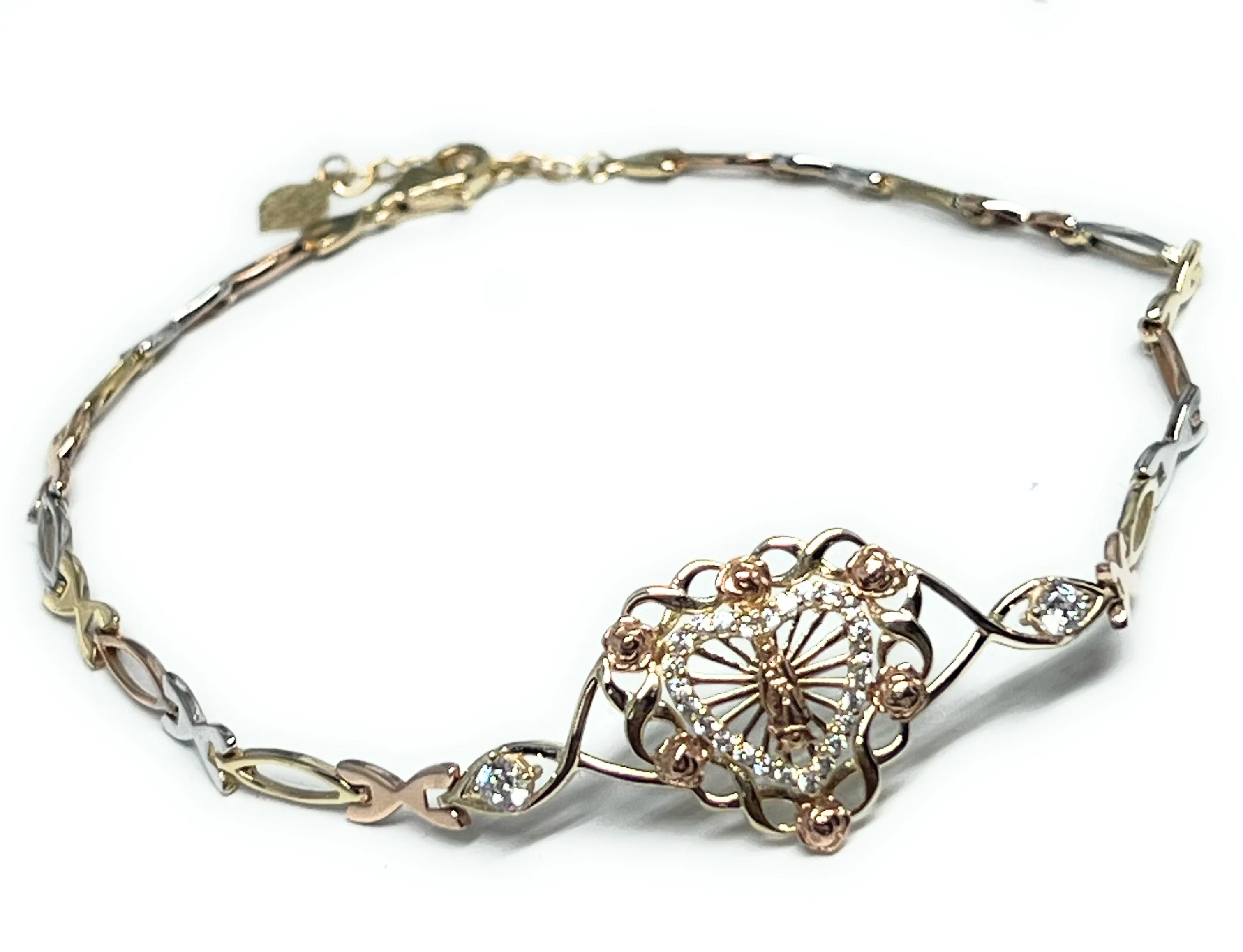 10k Solid Gold Tri-Color Virrgin Mary HEART Flower Brracelet 7.5-8 inch Virrgen Guadalupe (FC) - Image 3