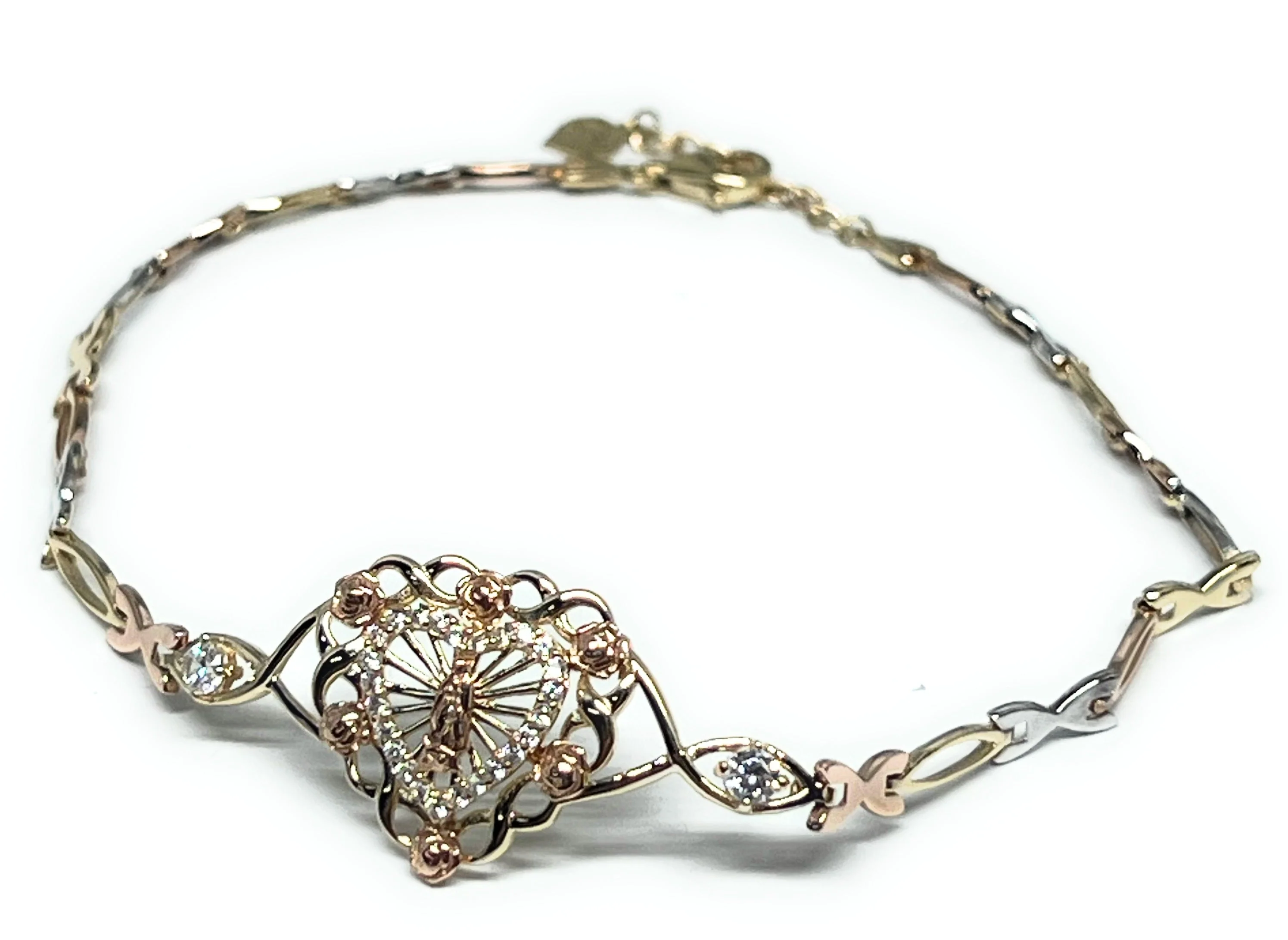 10k Solid Gold Tri-Color Virrgin Mary HEART Flower Brracelet 7.5-8 inch Virrgen Guadalupe (FC) - Image 4