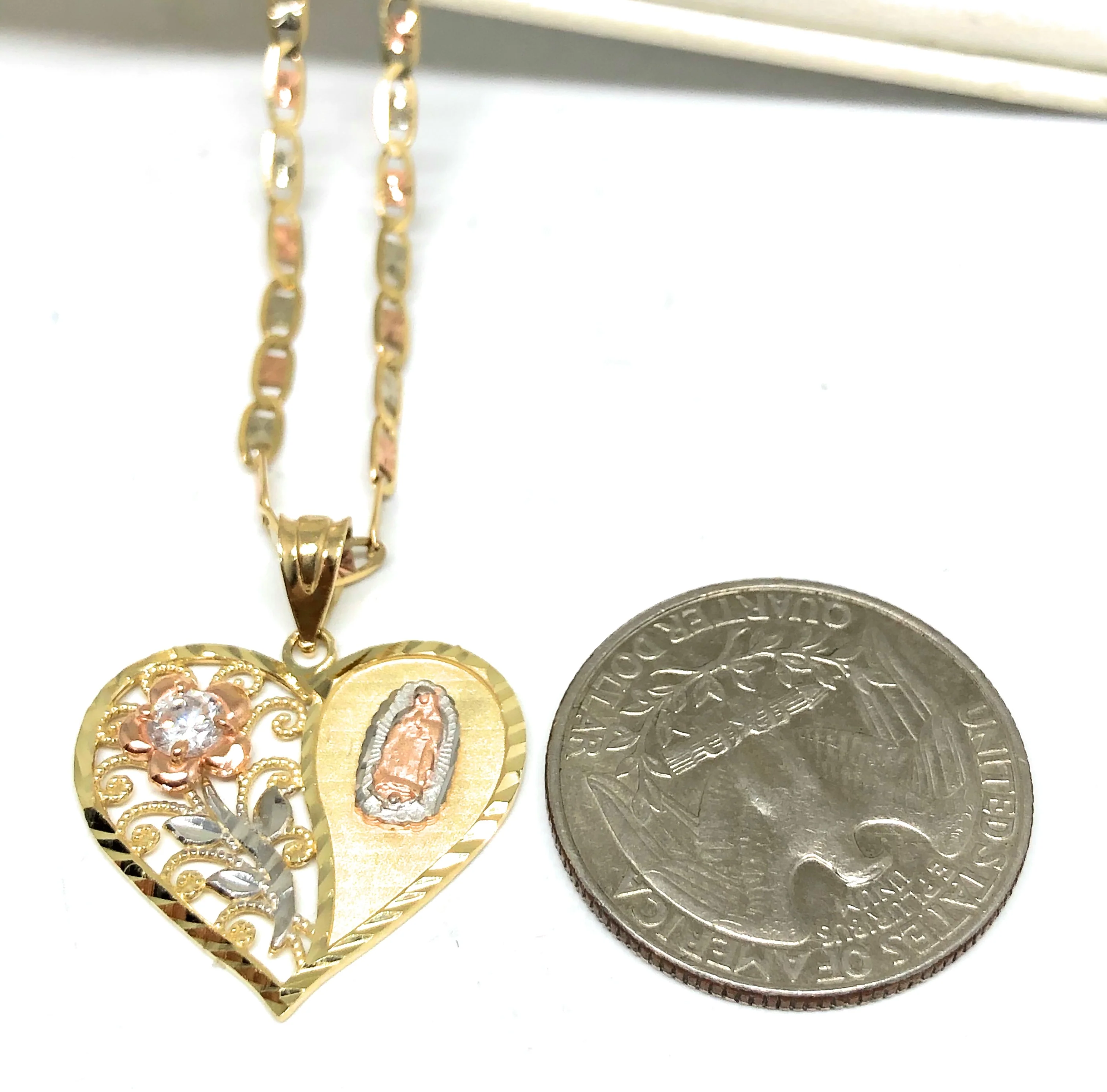 10k Solid Gold Tri-Color Virrgin Mary Heart & Flower CZ Pendant Necklace Virrgen Gaudalupe Valentina Chain - Image 2