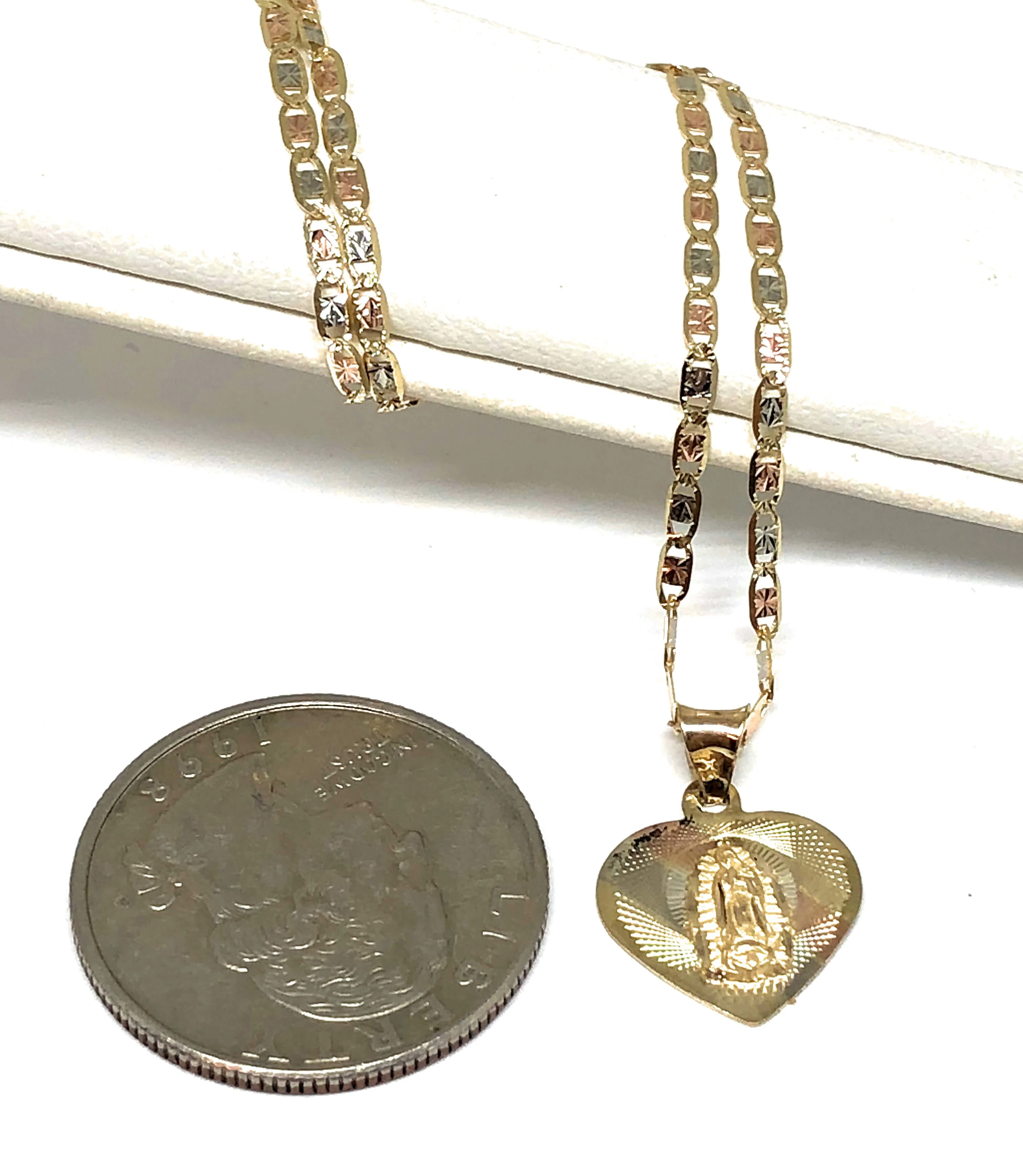 10k Solid Gold Tri-Color Virrgin Mary Heart Pendant Virrgen Guadalupe Tri-Color Necklace (MADE IN MX) - Image 2