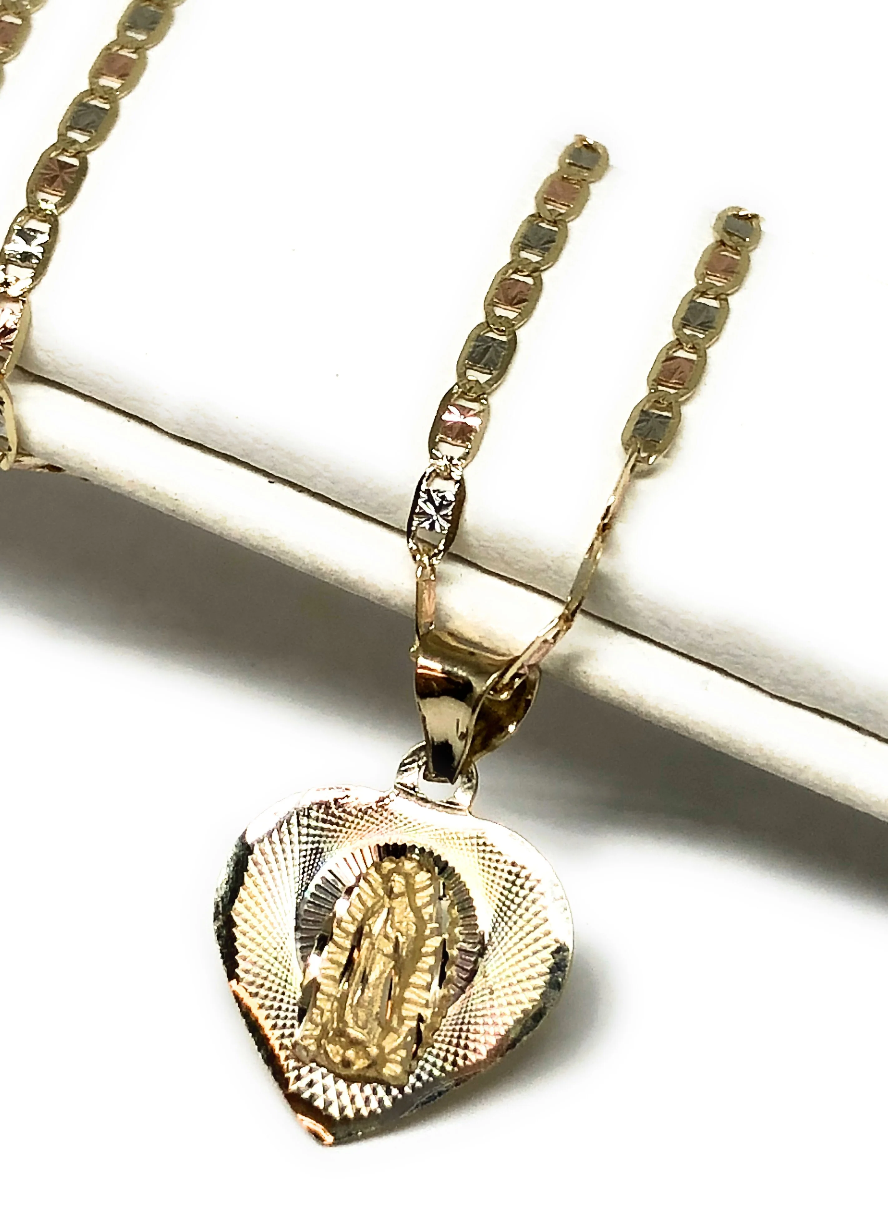 10k Solid Gold Tri-Color Virrgin Mary Heart Pendant Virrgen Guadalupe Tri-Color Necklace (MADE IN MX) - Image 4