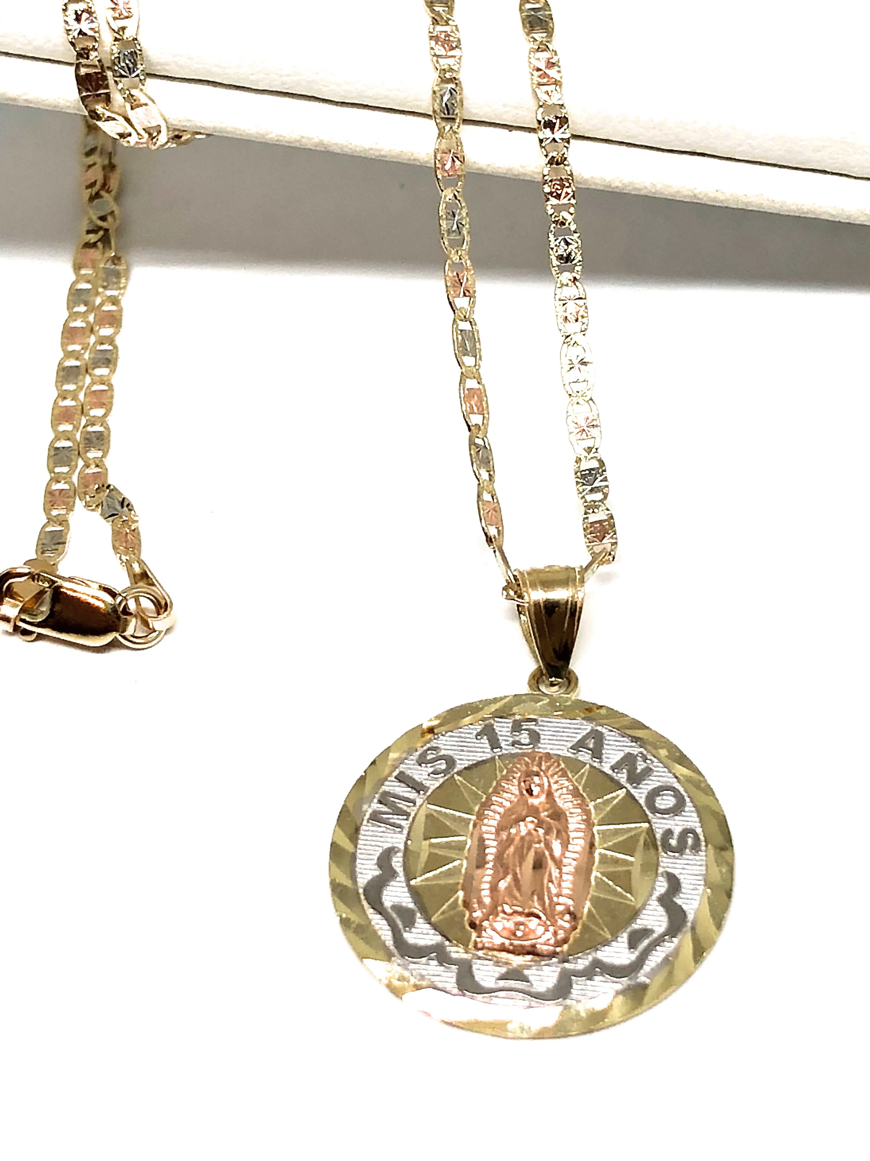 10k Solid Gold Tri-Color Virrgin Mary Mis 15 Años Pendant Necklace Virrgen Gaudalupe Valentina Chain - Image 3