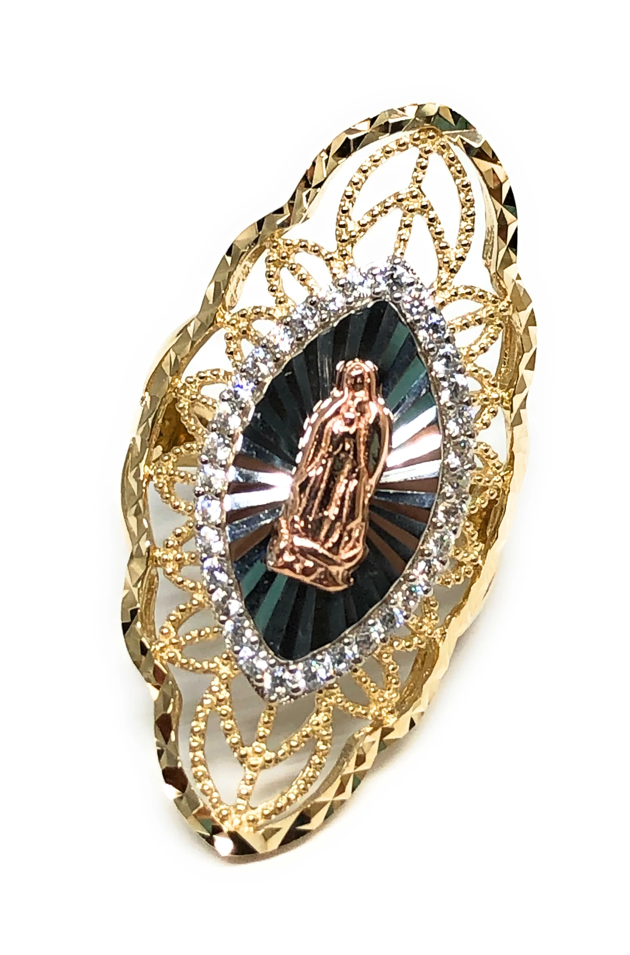 10k Solid Gold Tri-Color Virrgin Mary Oval Fancy CZ Ring (FC 14)