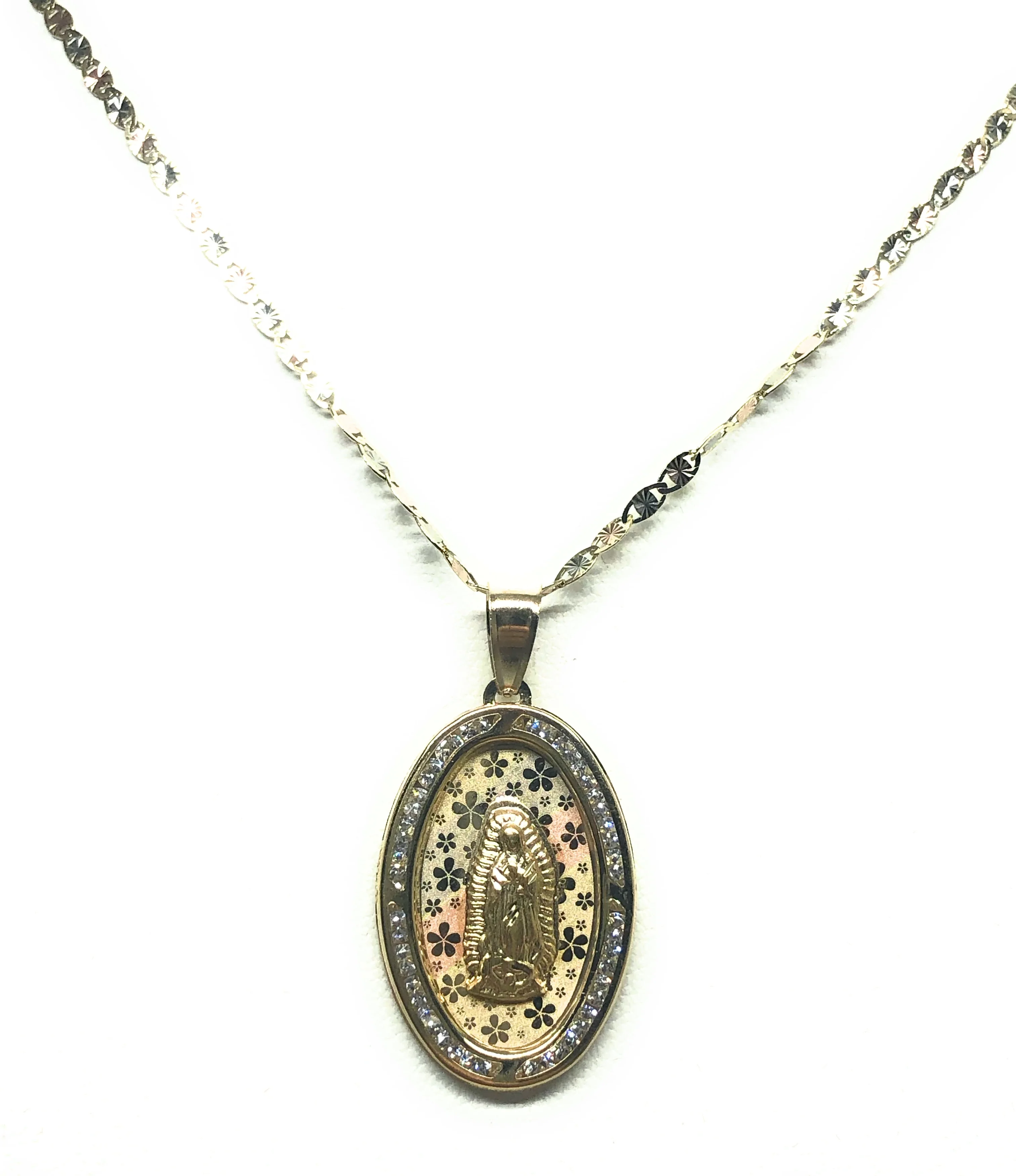 10k Solid Gold Tri-Color Virrgin Mary Oval Flower Print CZ Pendant Necklace Virrgen Gaudalupe (LG,MED,SM) - Image 5