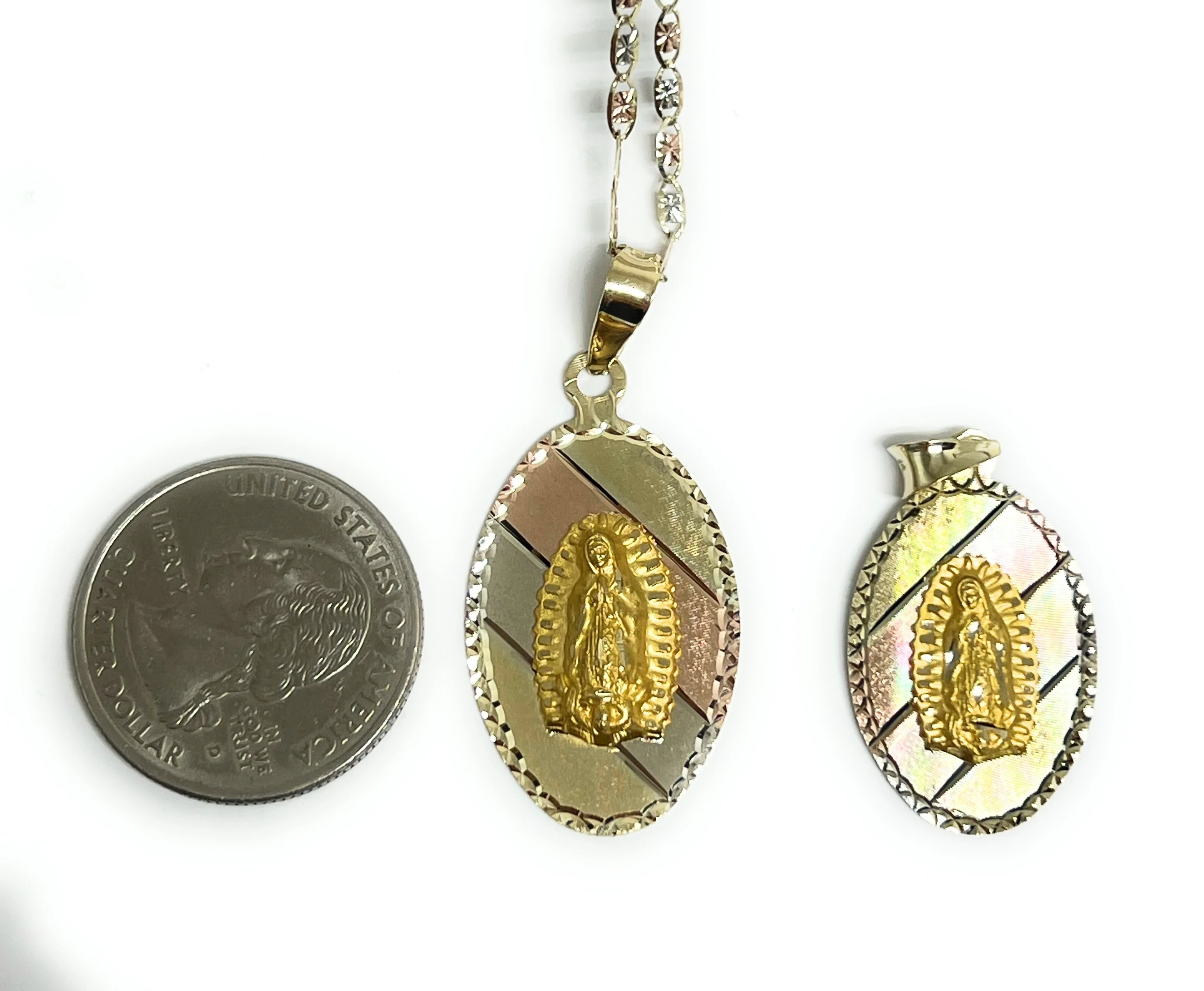 10K SOLID GOLD TRI-COLOR VIRRGIN MARY OVAL PENDANT NECKLACE VIRRGEN GAUDALUPE (MADE IN MX) (SM, MED) - Image 2