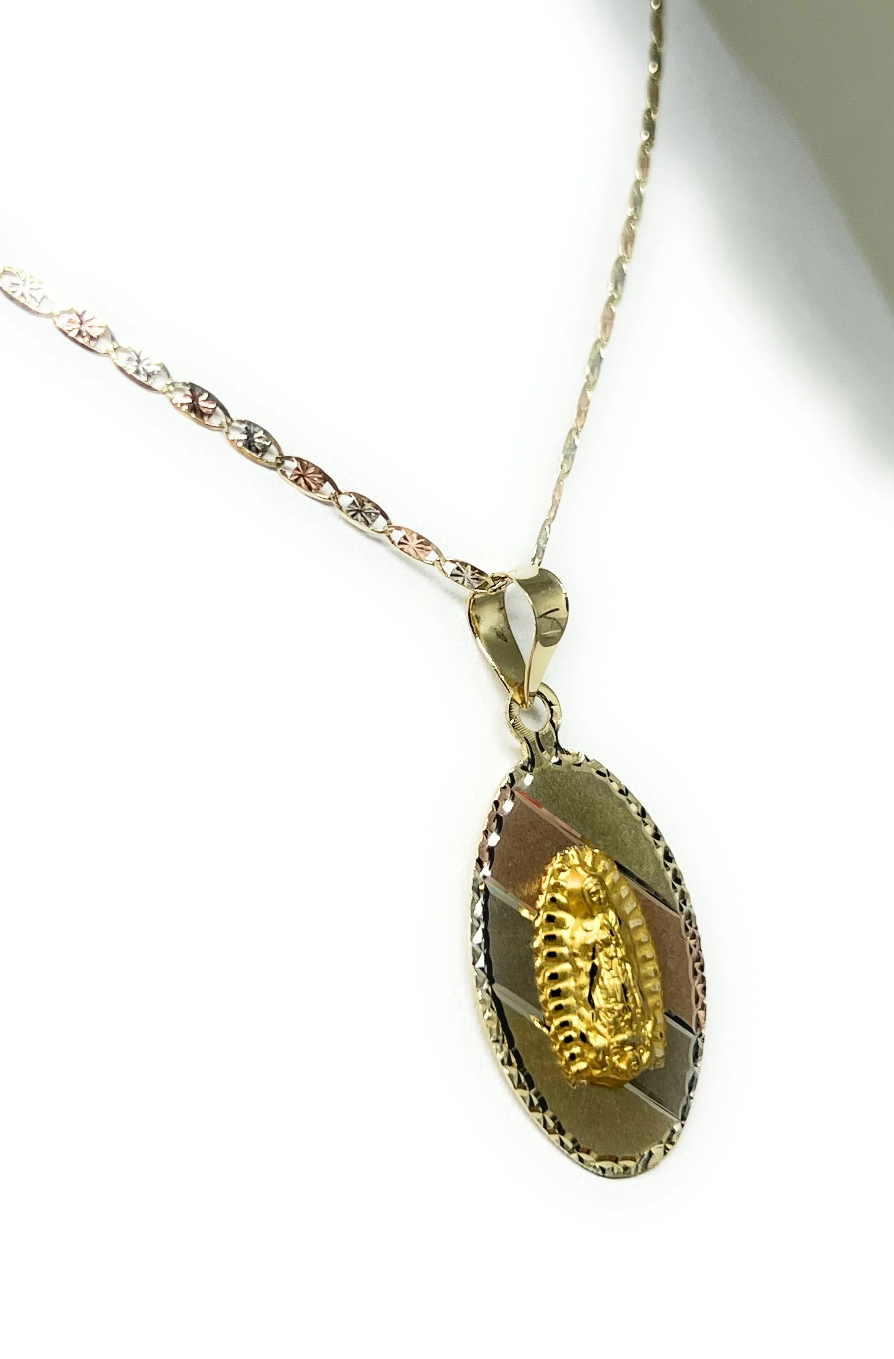 10K SOLID GOLD TRI-COLOR VIRRGIN MARY OVAL PENDANT NECKLACE VIRRGEN GAUDALUPE (MADE IN MX) (SM, MED) - Image 7