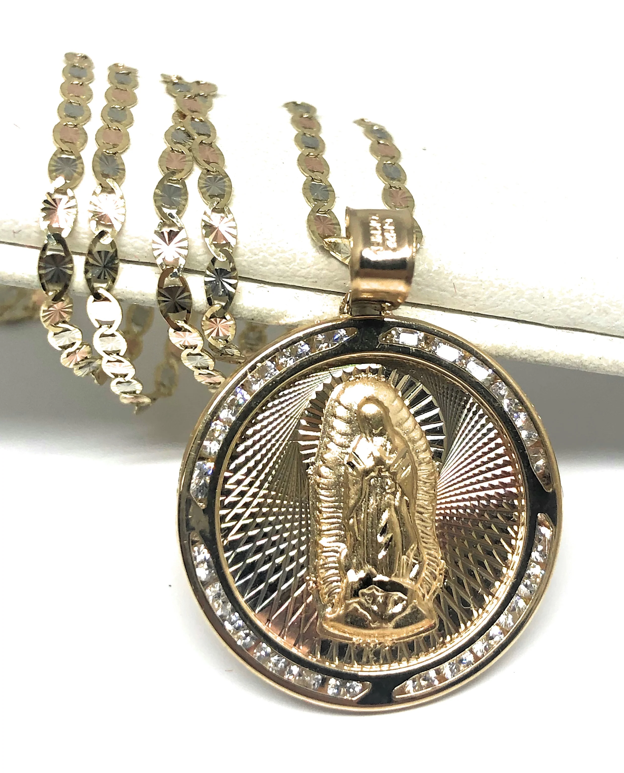 10k Solid Gold Tri-Color Virrgin Mary Round Pendant Necklace Virrgen Gaudalupe (MED, LG)