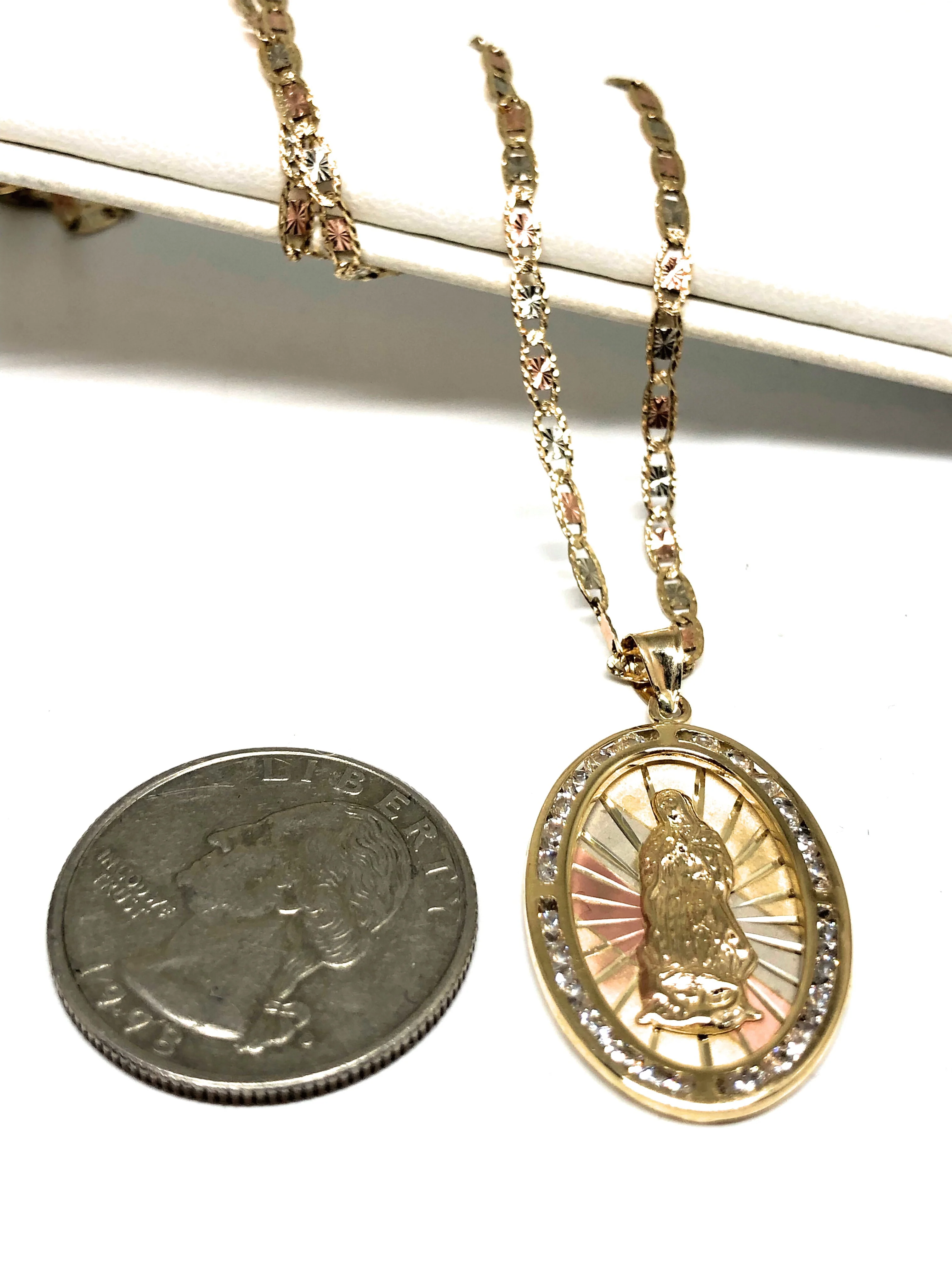 10k Solid Gold Tri-Color Virrgin Mary Oval Pendant Necklace W/ Cubic Zirconia Virrgen Gaudalupe (LG) - Image 2