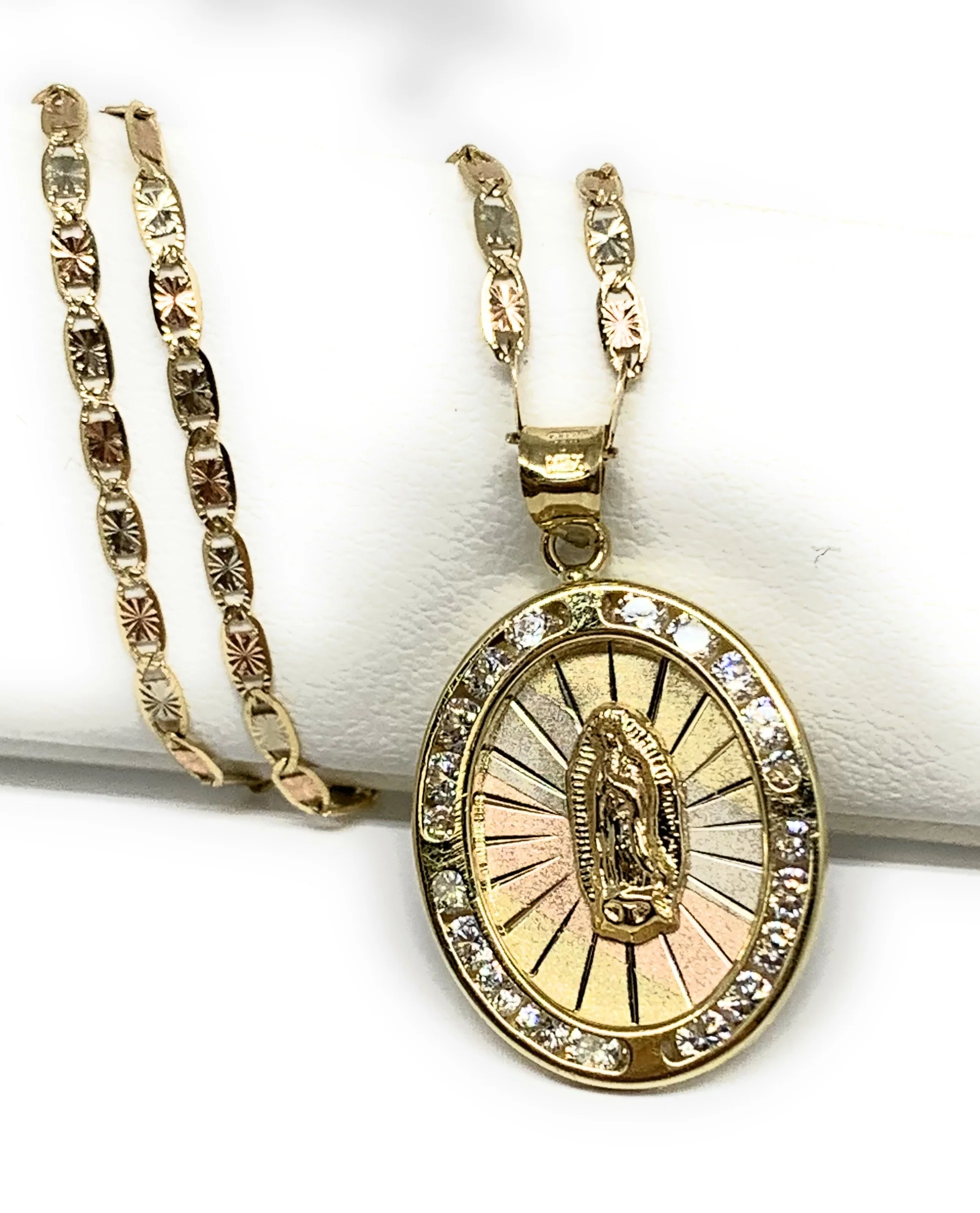 10k Solid Gold Tri-Color Virrgin Mary Oval Pendant Necklace W/ CZ Virrgen Gaudalupe Valentina Chain