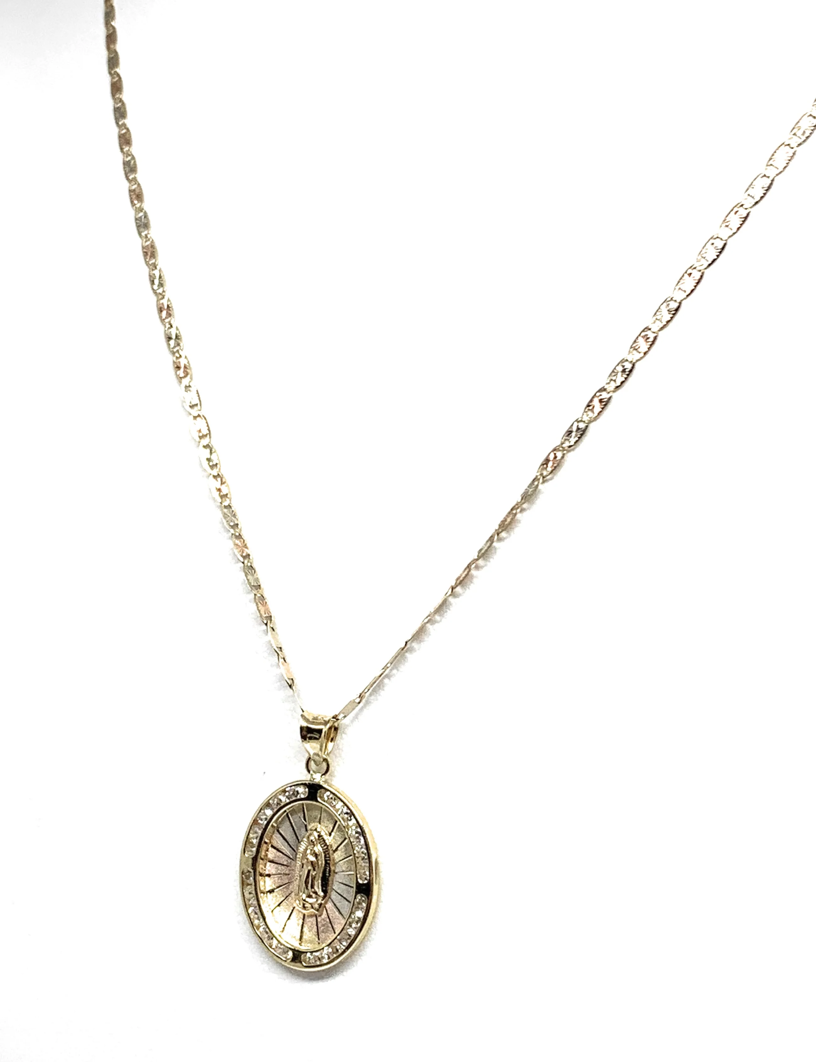 10k Solid Gold Tri-Color Virrgin Mary Oval Pendant Necklace W/ CZ Virrgen Gaudalupe Valentina Chain - Image 5