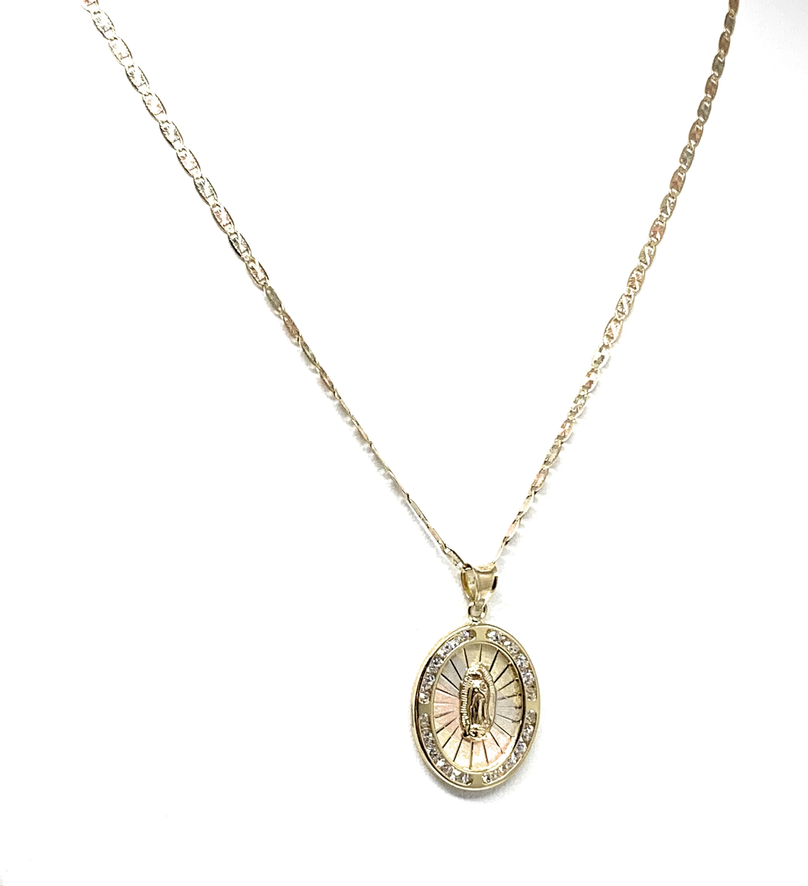10k Solid Gold Tri-Color Virrgin Mary Oval Pendant Necklace W/ CZ Virrgen Gaudalupe Valentina Chain - Image 6