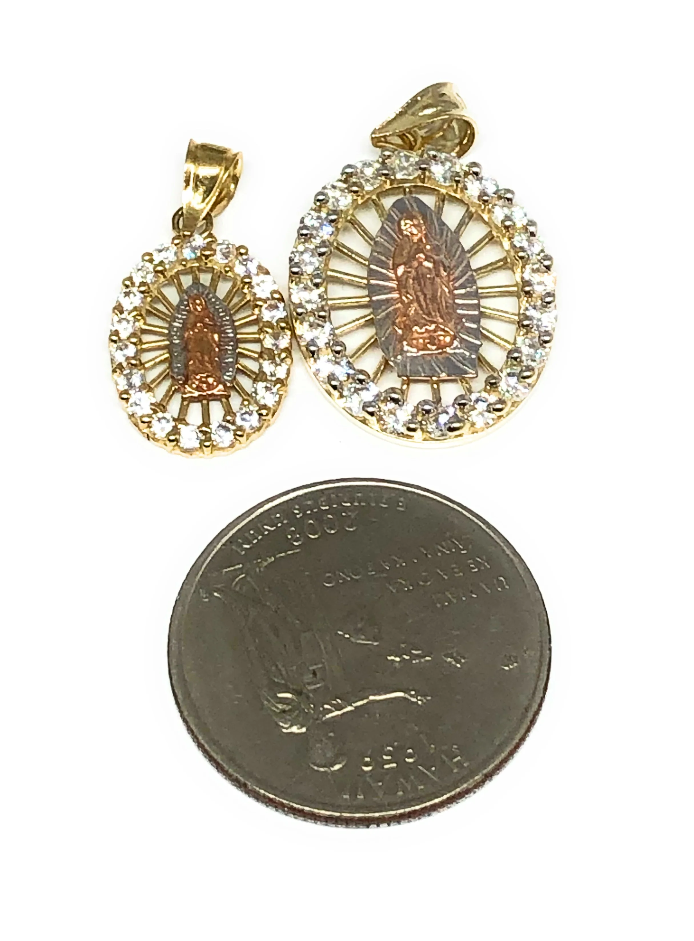 10k Solid Gold Tri-Color Virrgin Mary CZ Pendant Necklace Virrgen Gaudalupe Valentina Chain (SM,MED) - Image 2