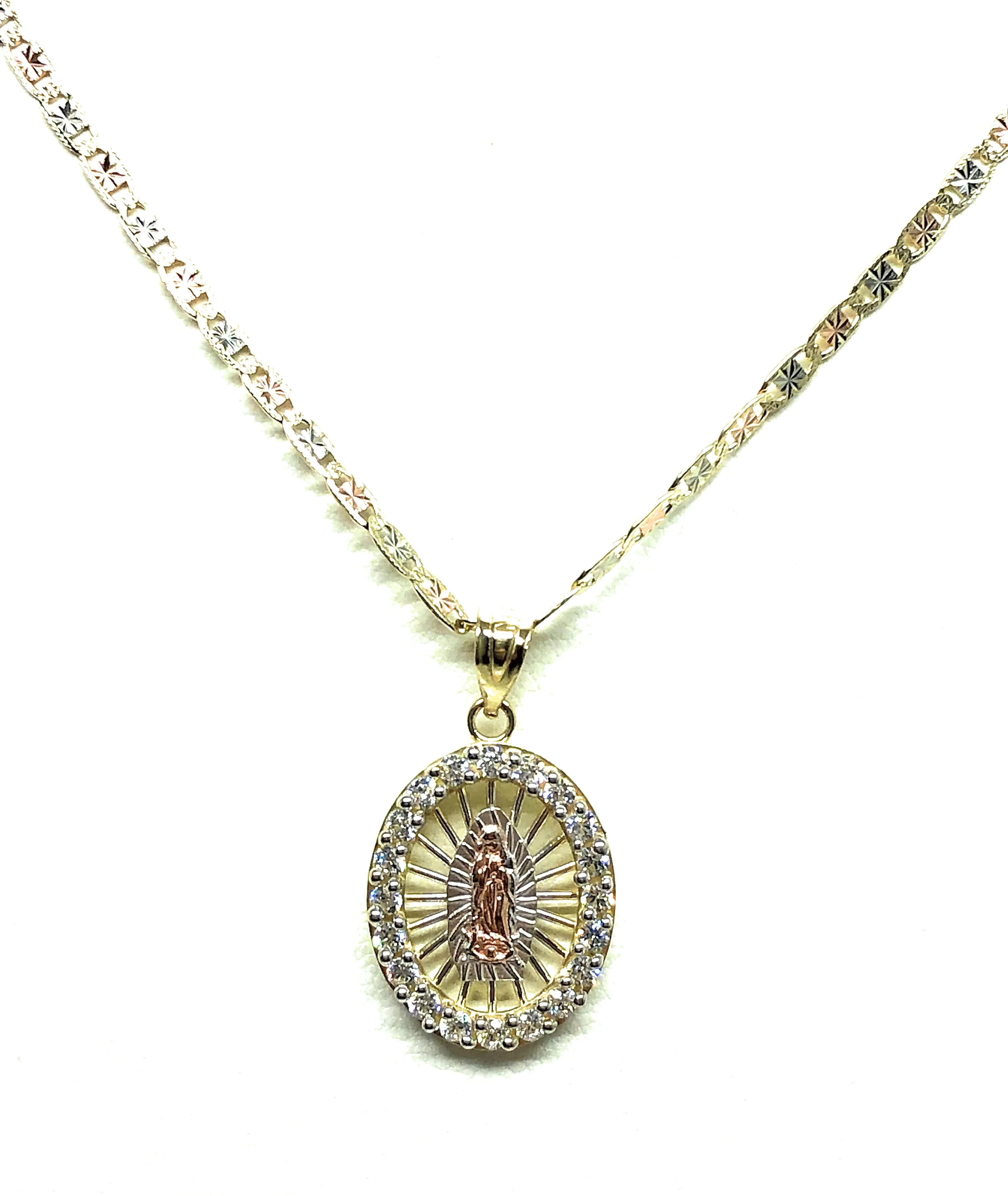 10k Solid Gold Tri-Color Virrgin Mary CZ Pendant Necklace Virrgen Gaudalupe Valentina Chain (SM,MED) - Image 5