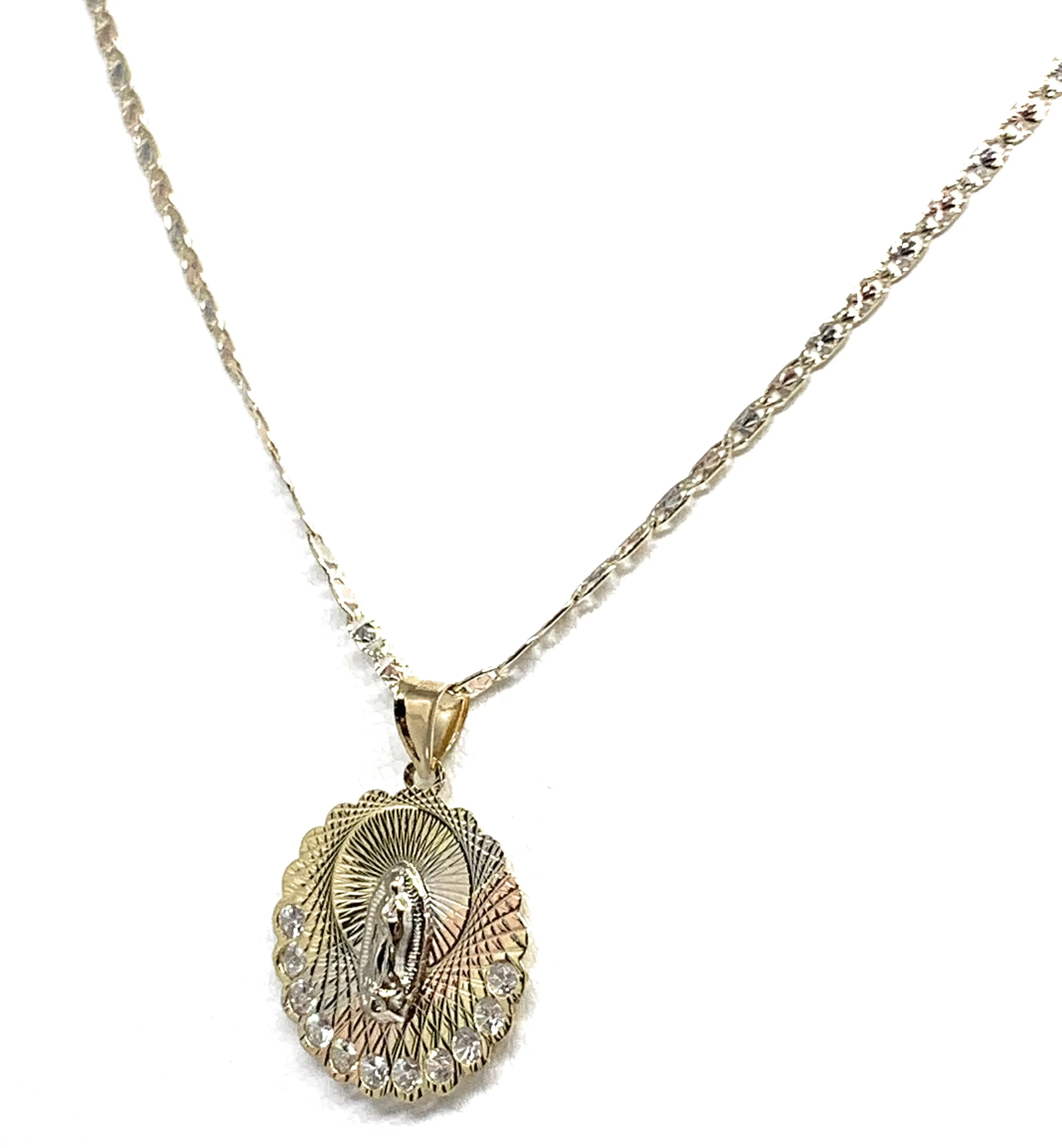 10k Solid Gold Tri-Color Virrgin Mary Pendant Necklace W/ Cubic Zirconia Virrgen Gaudalupe Valentina Chain (MED,SM) - Image 6