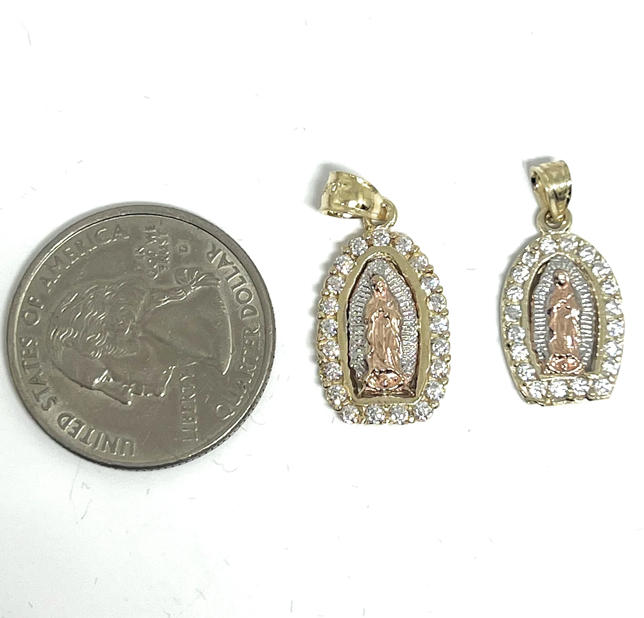 10k Solid Gold Tri-Color Virrgin Mary Pendant Necklace W/ Cubic Zirconia Virrgen Gaudalupe Valentina Chain (SM,MED) - Image 2