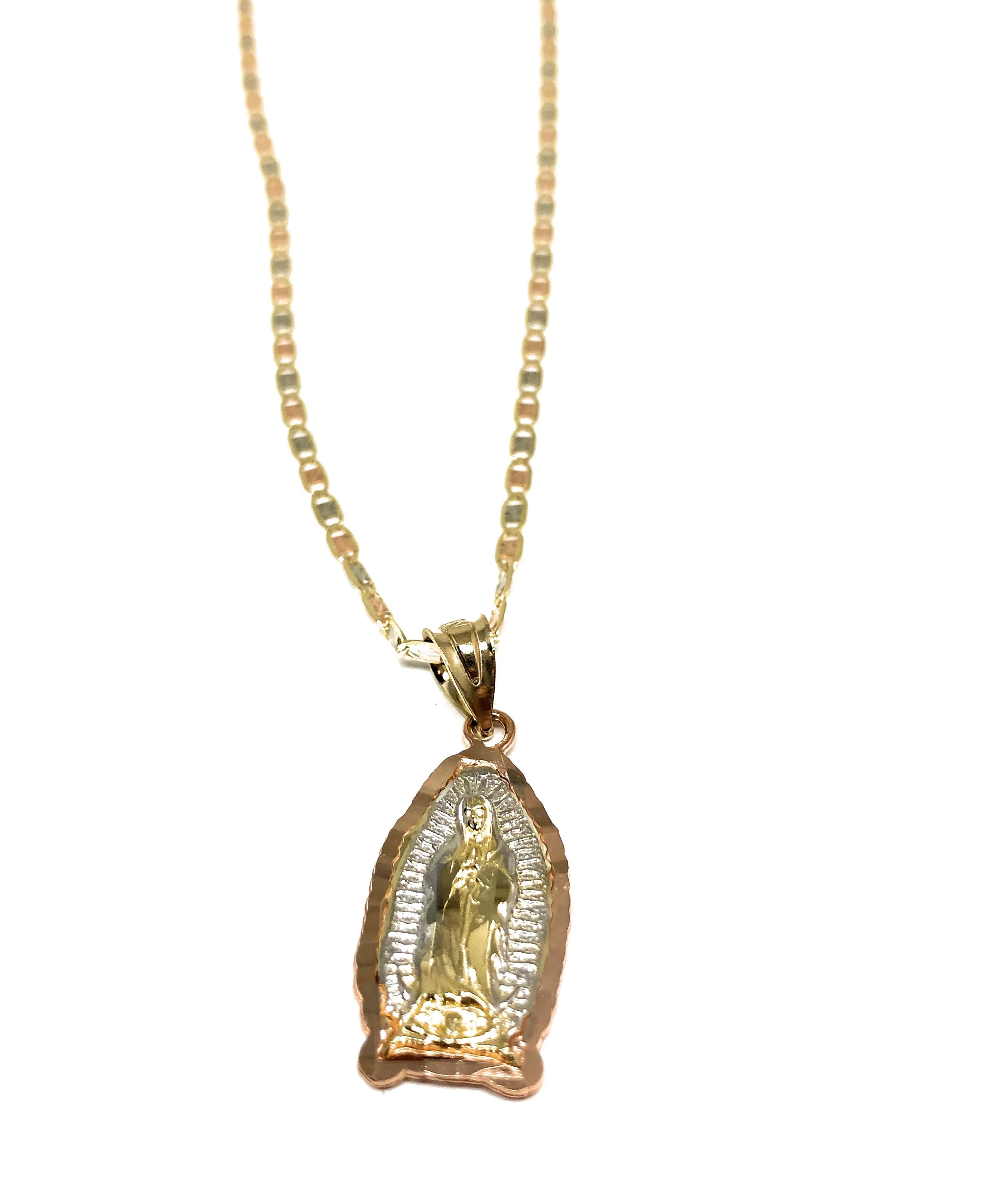 10k Solid Gold Tri-Color Virrgin Mary Pendant Virrgen Guadalupe Tri-Color Chain (MED) - Image 3